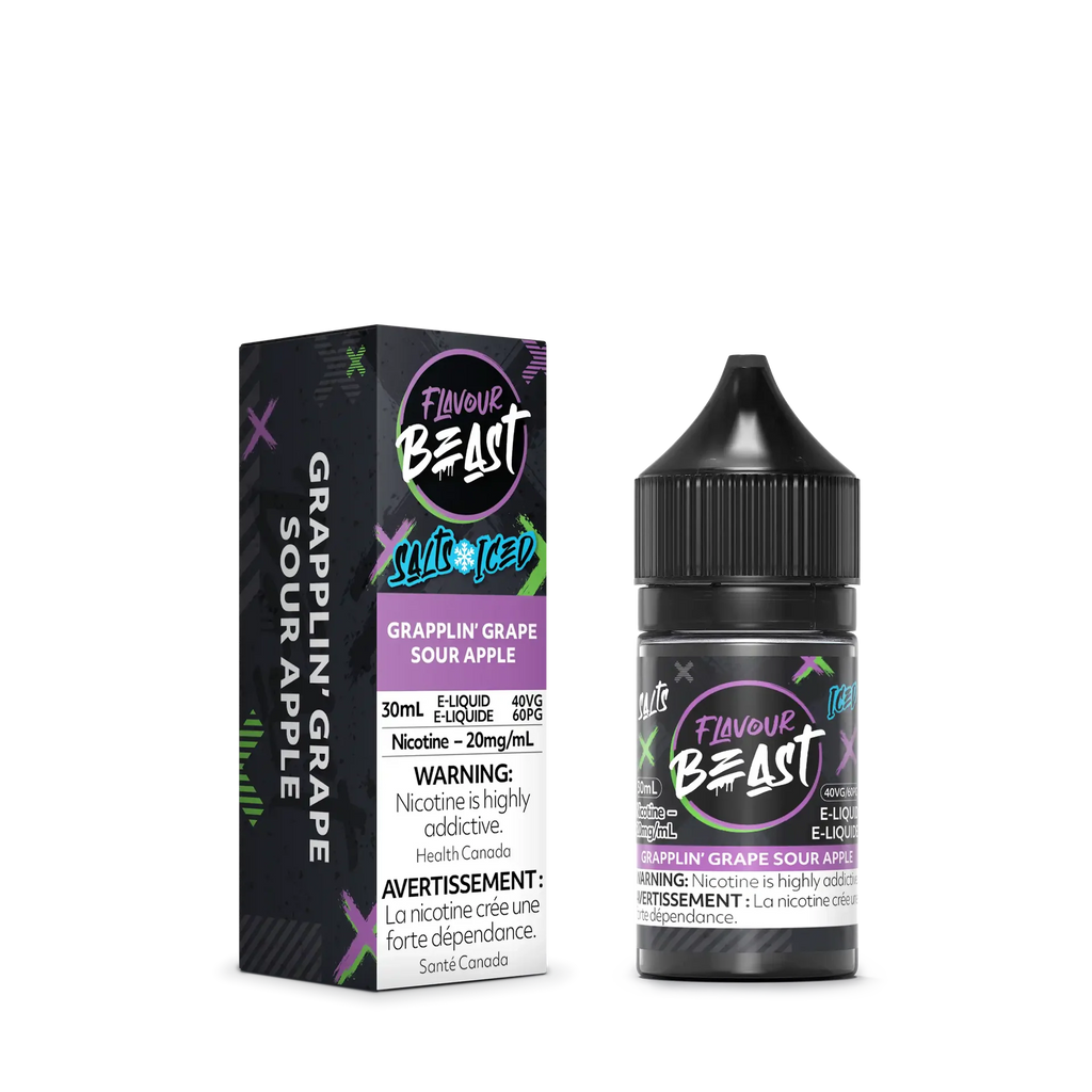 Flavour Beast Salt Grapplin' Grape Sour Apple Iced 30ml e-liquid bottle and matching box.