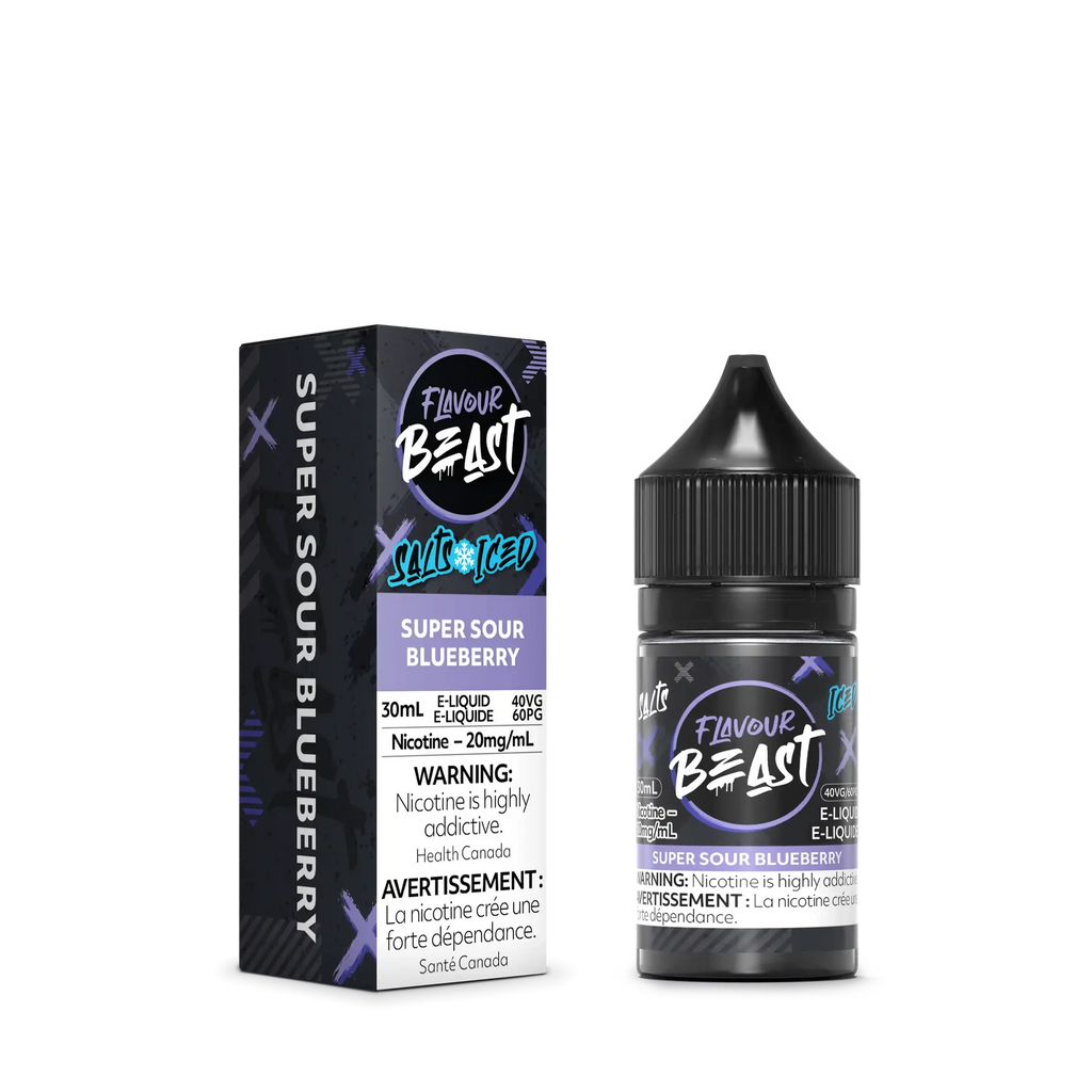 Flavour Beast Salt Super Sour Blueberry Iced 30mL e-liquid bottle and matching purple box.