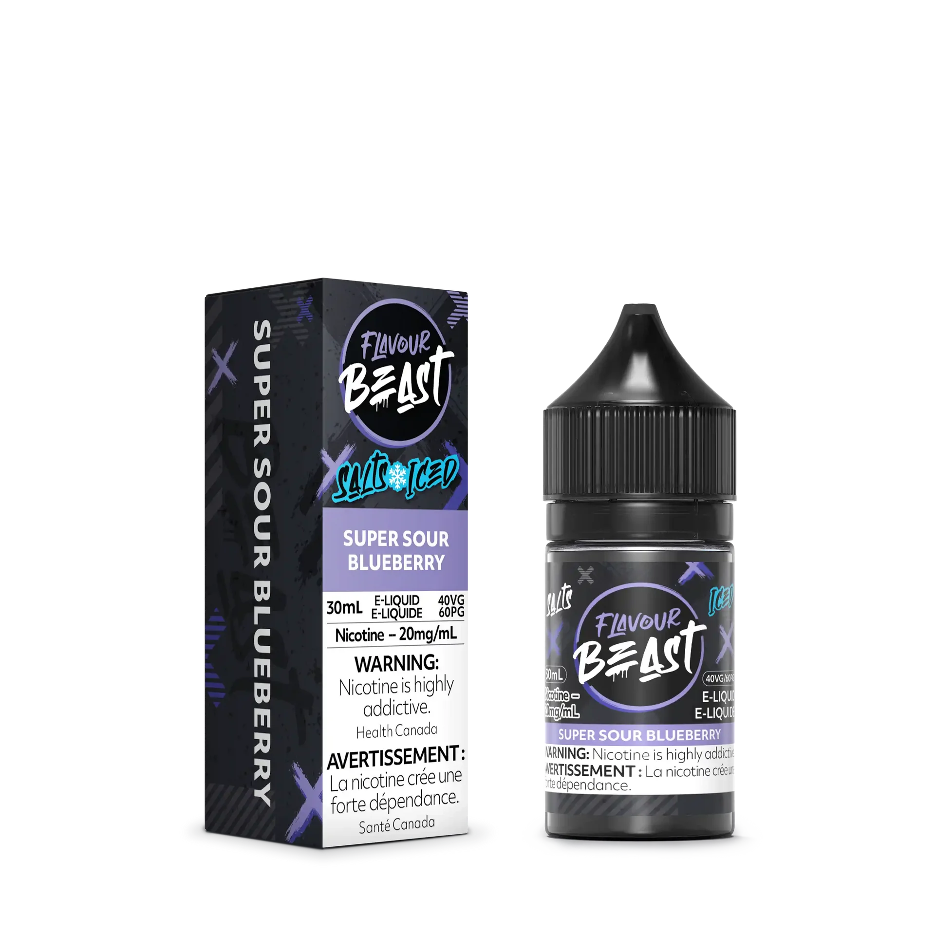 Flavour Beast Salt Super Sour Blueberry Iced 30mL e-liquid bottle and matching purple box.