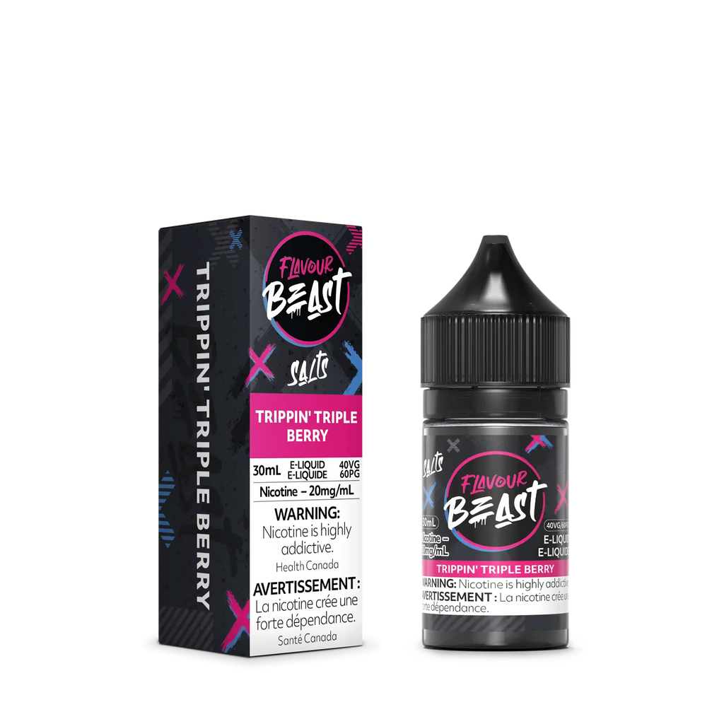 Flavour Beast Salt Trippin' Triple Berry 30mL e-liquid bottle and matching black, pink, and blue box.