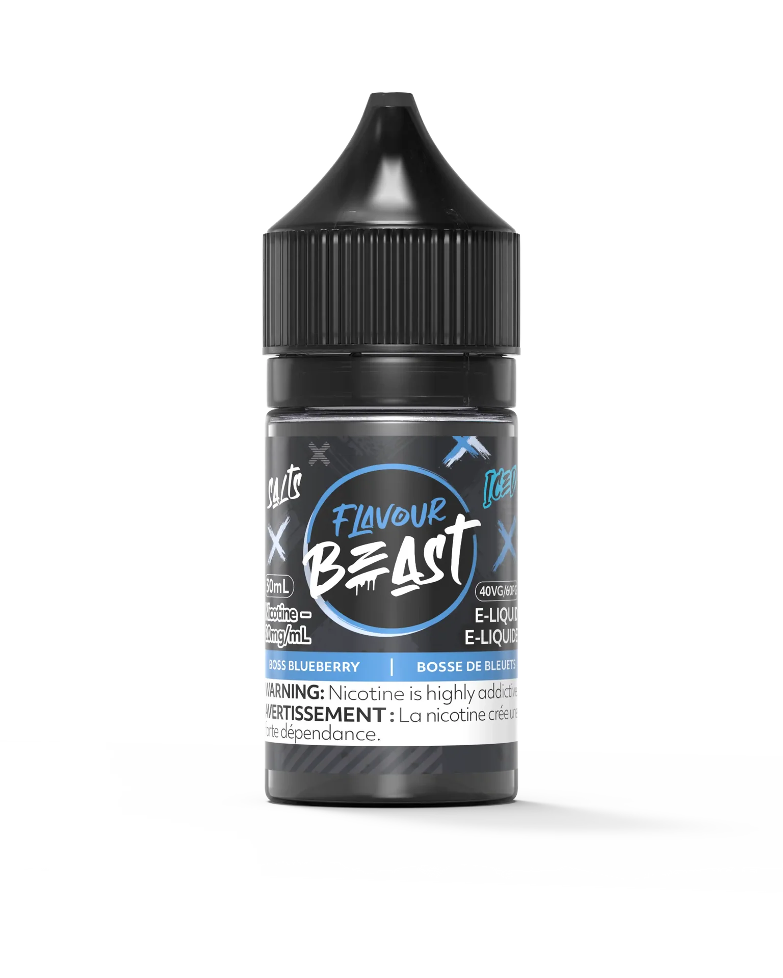 Flavour Beast Salt Boss Blueberry Iced 30mL e-liquid bottle with black cap and blue label.