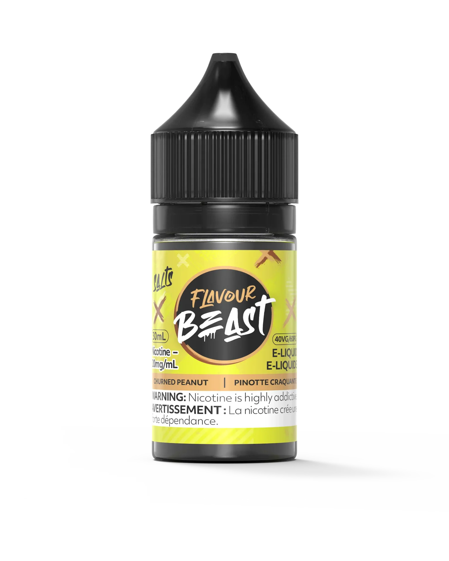 Flavour Beast Salt Churned Peanut e-liquid in a 30mL bottle with a vibrant yellow label and black cap.