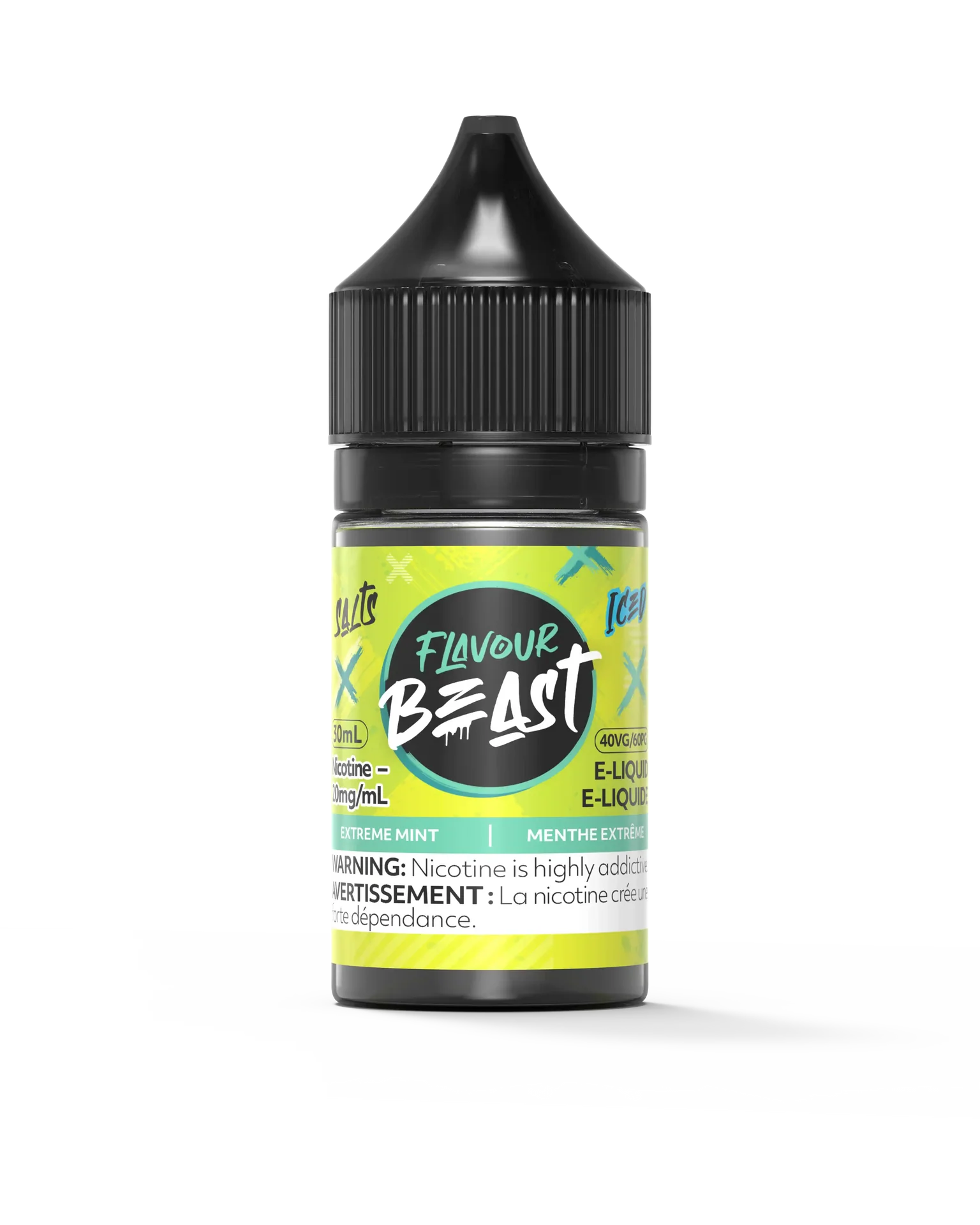Flavour Beast Salt Extreme Mint Iced e-liquid in a 30mL bottle with a vibrant green and black label.