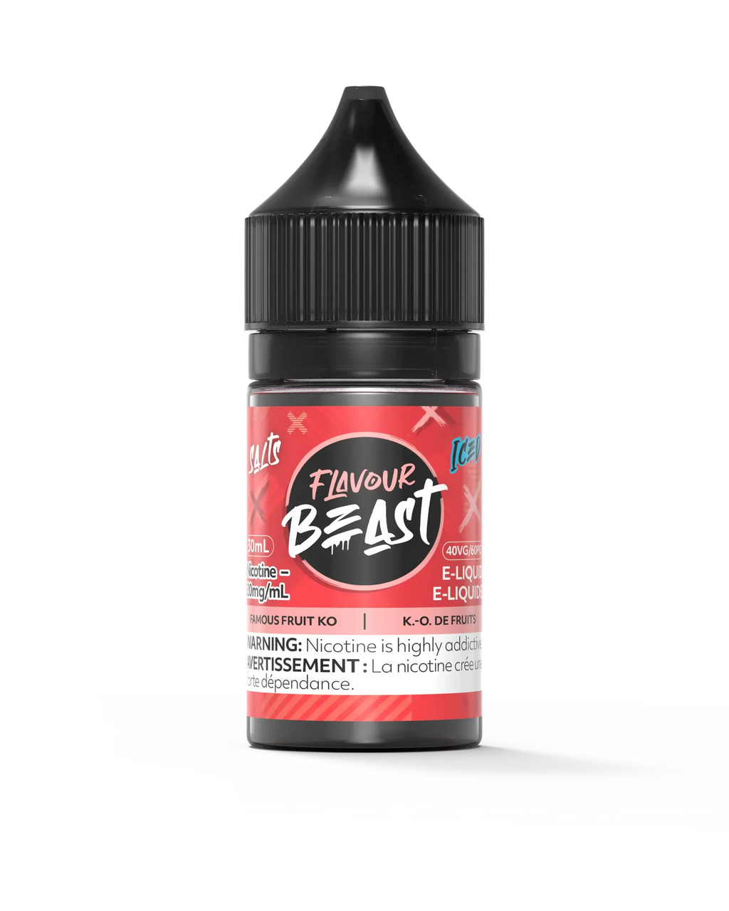 Flavour Beast Salt Famous Fruit KO Iced 30mL e-liquid bottle with red label and black cap.