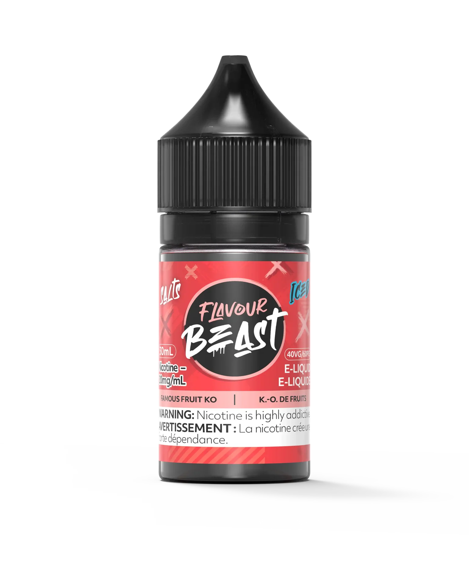 Flavour Beast Salt Famous Fruit KO Iced 30mL e-liquid bottle with red label and black cap.