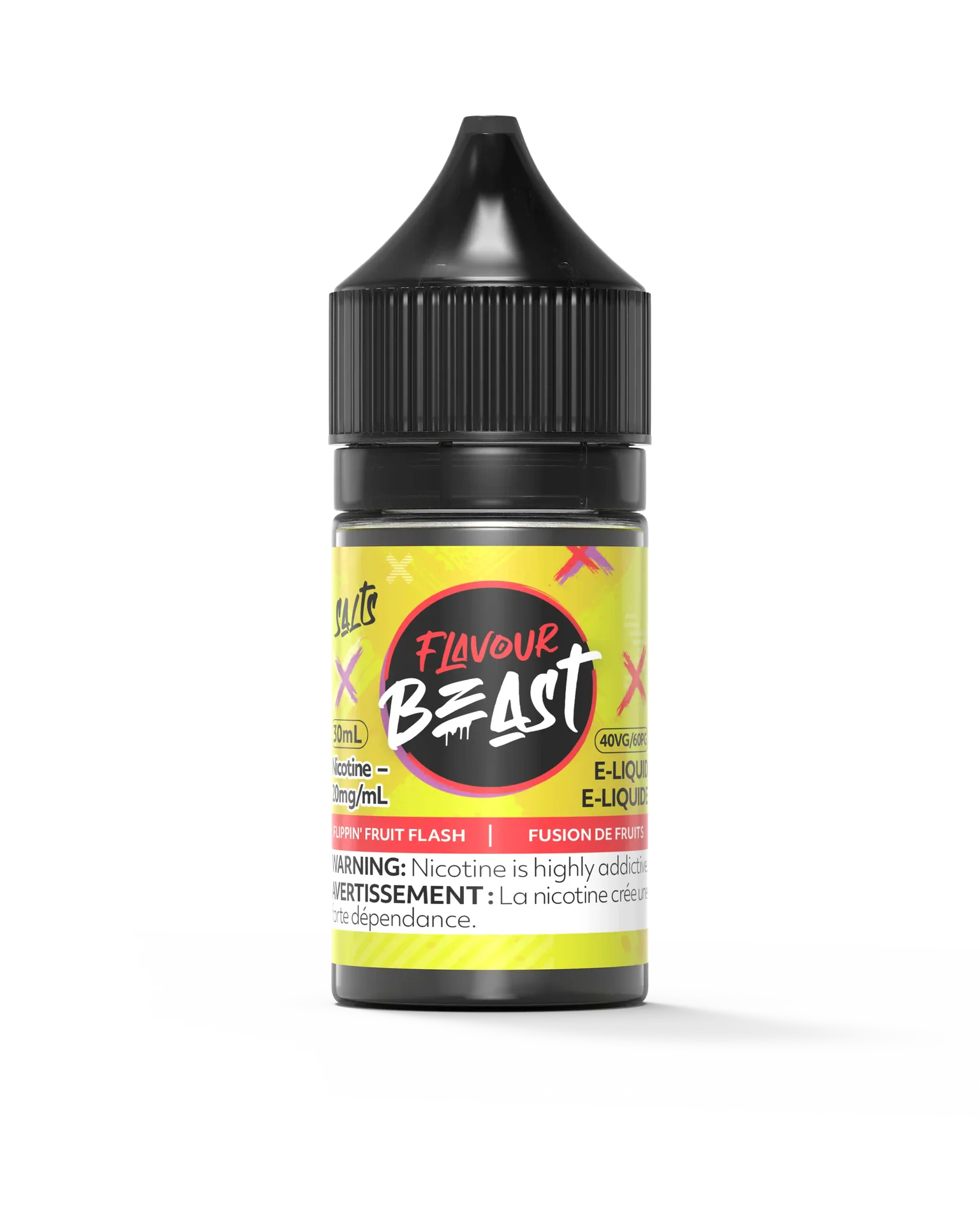 Flavour Beast Salt Flippin Fruit Flash 30mL e-liquid bottle with black cap and vibrant yellow label.