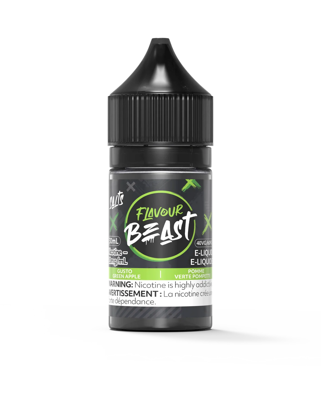 Flavour Beast Salt Gusto Green Apple 30mL e-liquid bottle with black cap and green/black label.