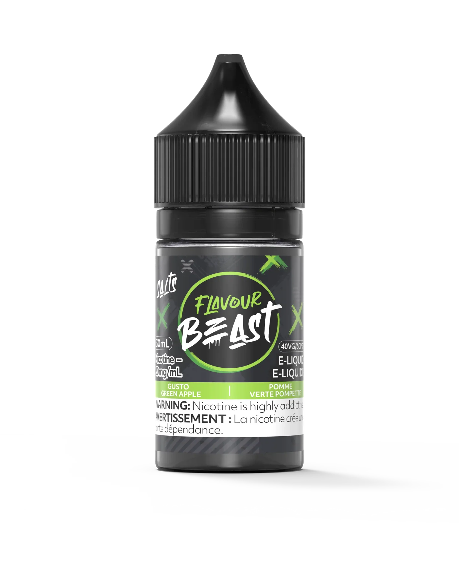 Flavour Beast Salt Gusto Green Apple 30mL e-liquid bottle with black cap and green/black label.
