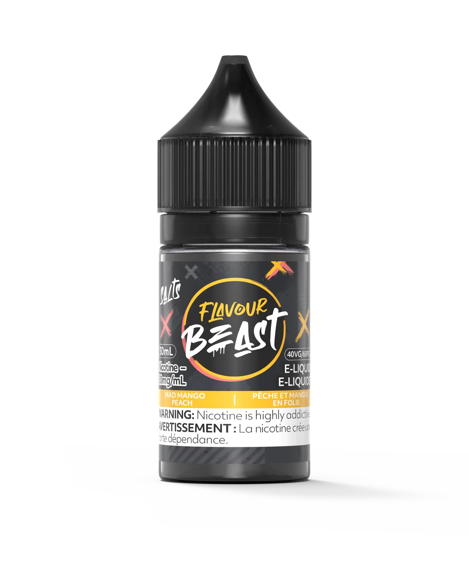 Flavour Beast Salt Mad Mango Peach 30mL e-liquid bottle with black cap and vibrant yellow label.
