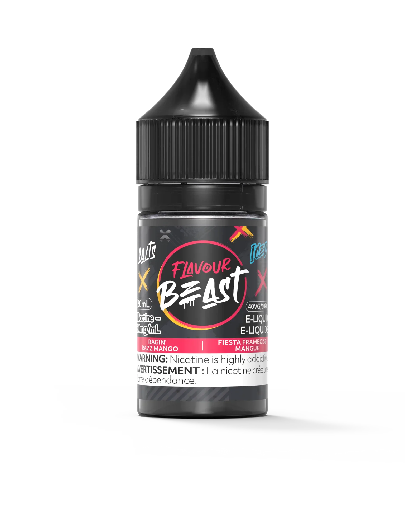 Flavour Beast Salt Ragin' Razz Mango Iced 30mL e-liquid bottle with black cap and vibrant pink label.