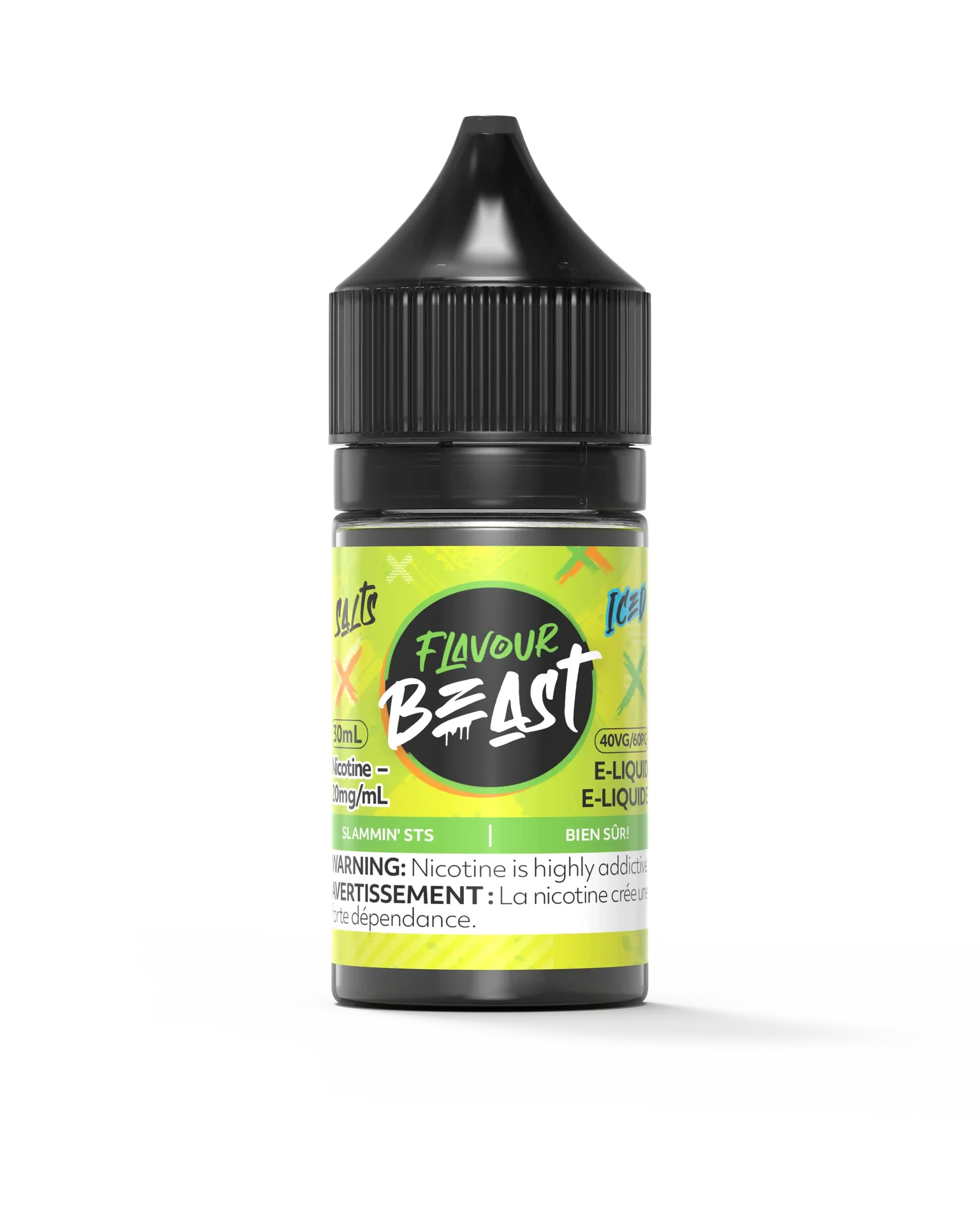 Flavour Beast Salt Slammin STS Iced 30mL e-liquid bottle with black cap and vibrant green label.