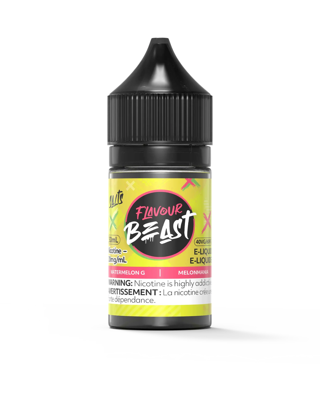 Flavour Beast Salt Watermelon G 30mL e-liquid bottle with black cap and bright yellow label.