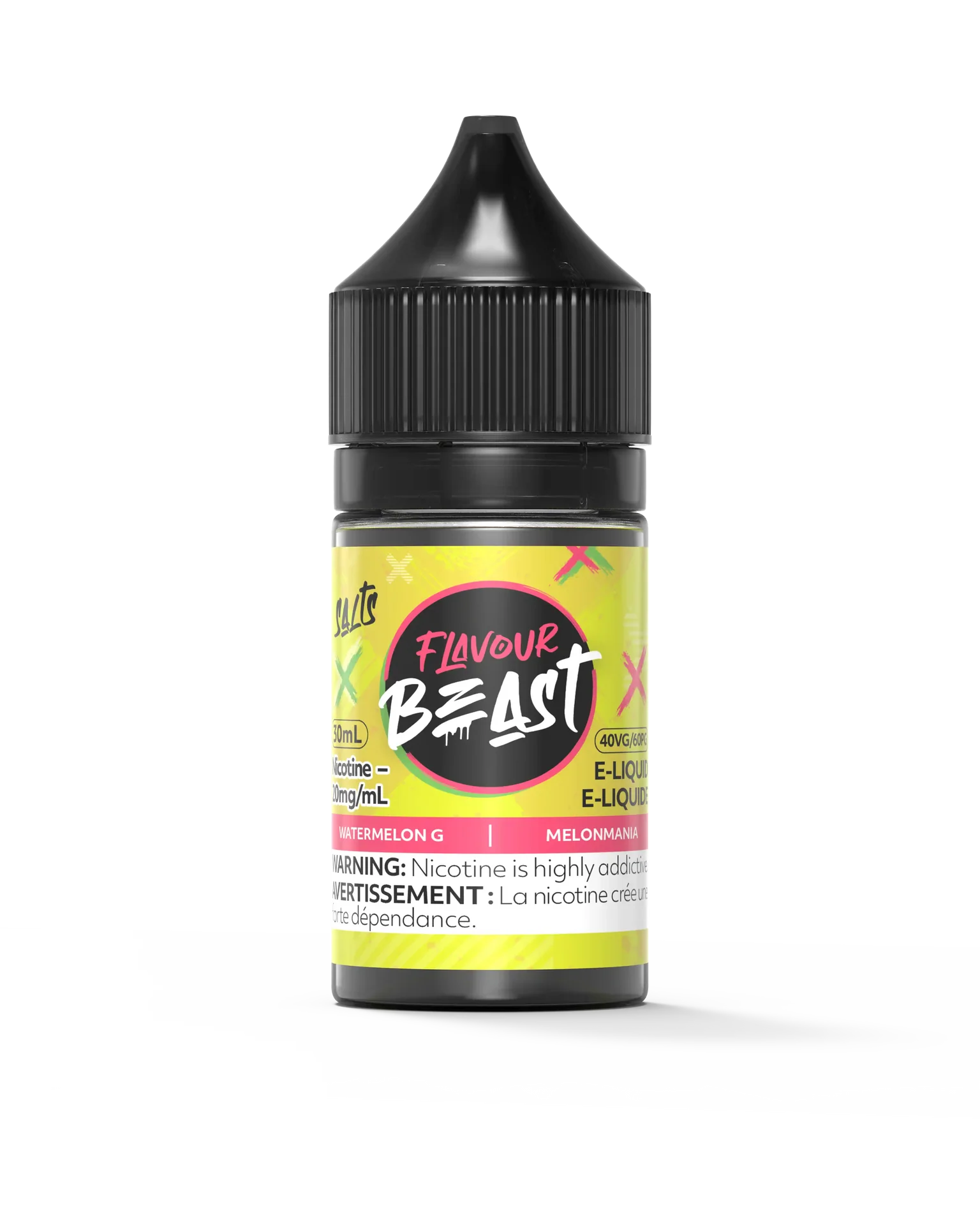 Flavour Beast Salt Watermelon G 30mL e-liquid bottle with black cap and bright yellow label.