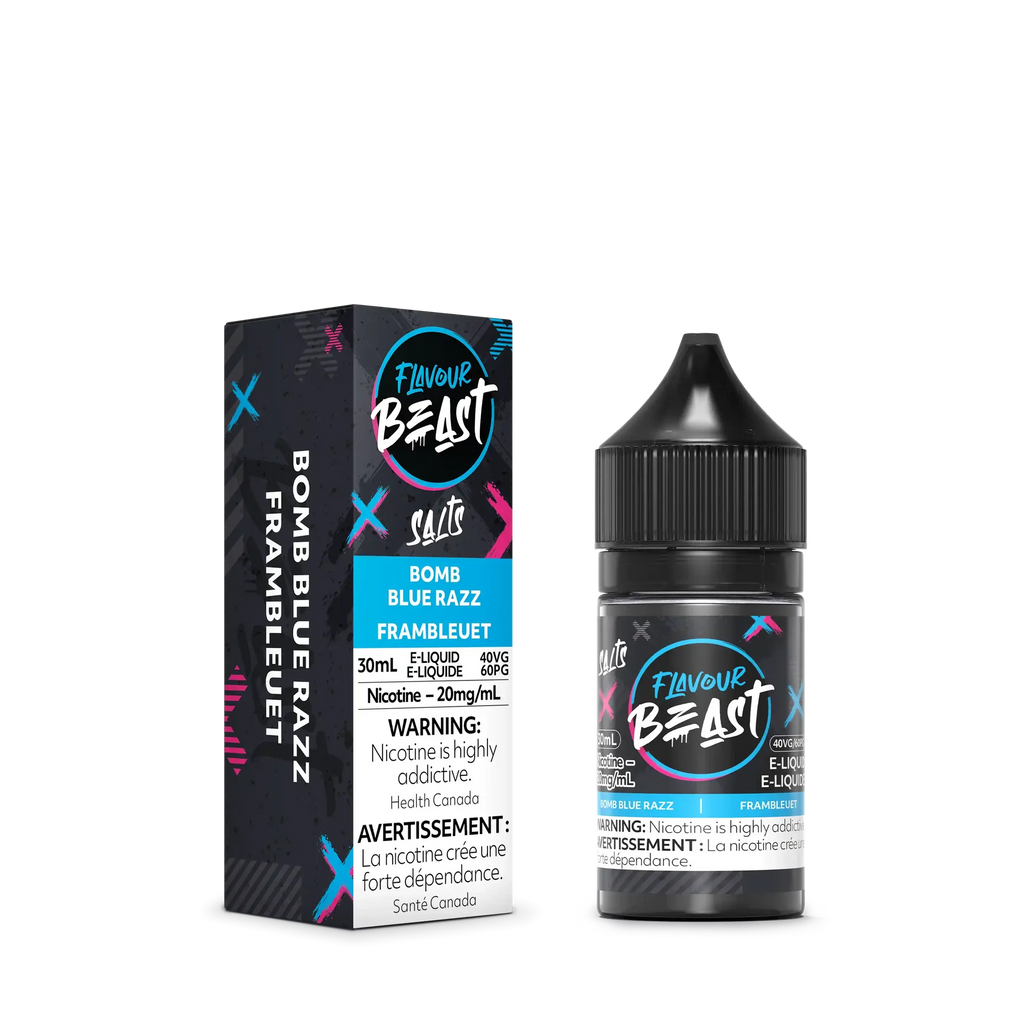 Flavour Beast Salt Bomb Blue Razz e-liquid bottle and matching box, black with blue and pink accents.