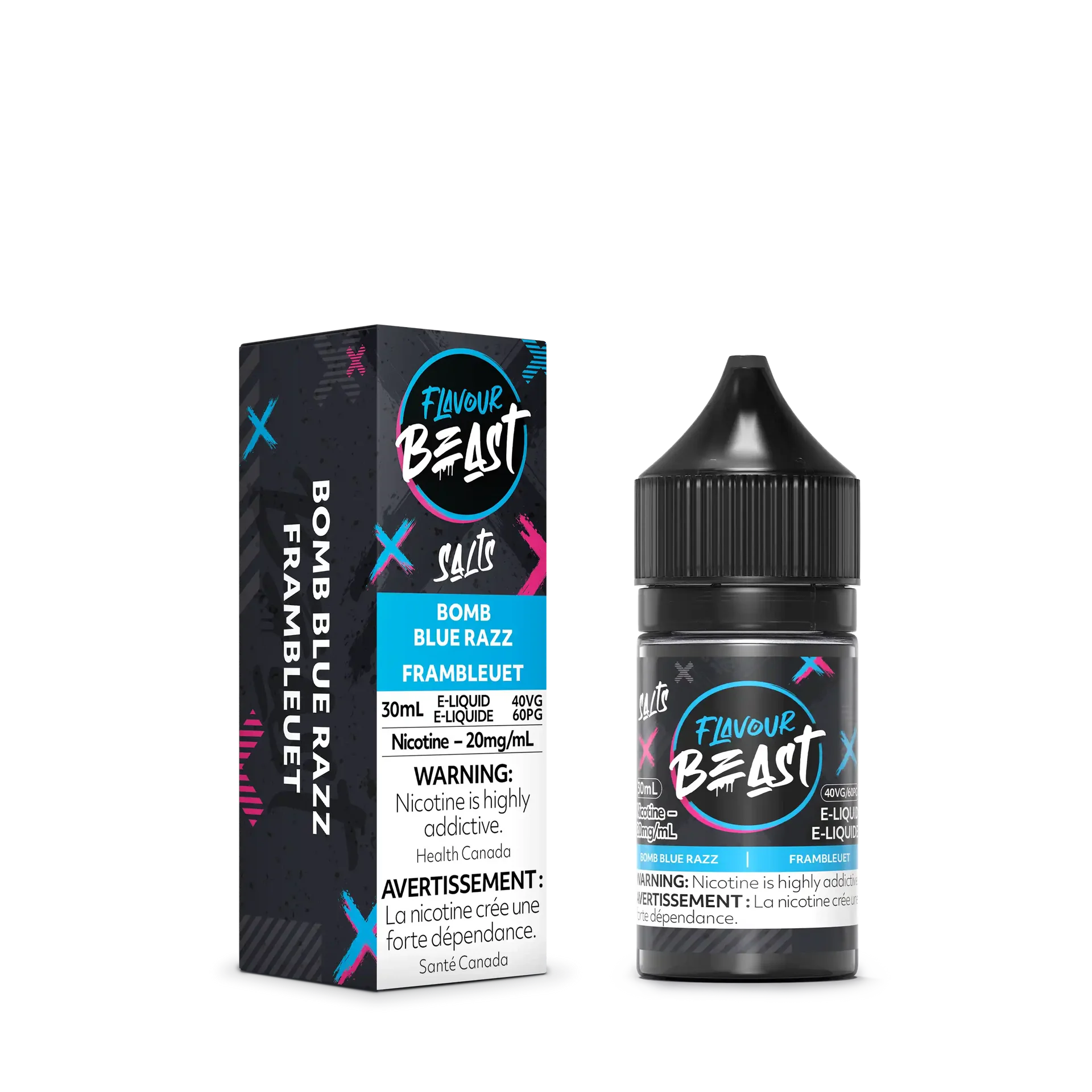 Flavour Beast Salt Bomb Blue Razz e-liquid bottle and matching box, black with blue and pink accents.