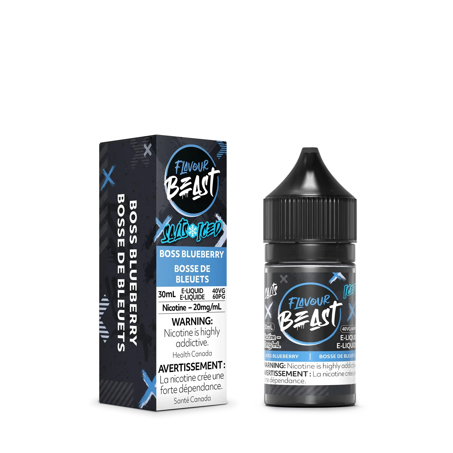 Flavour Beast Salt Boss Blueberry Iced 30mL e-liquid bottle and matching black and blue box.