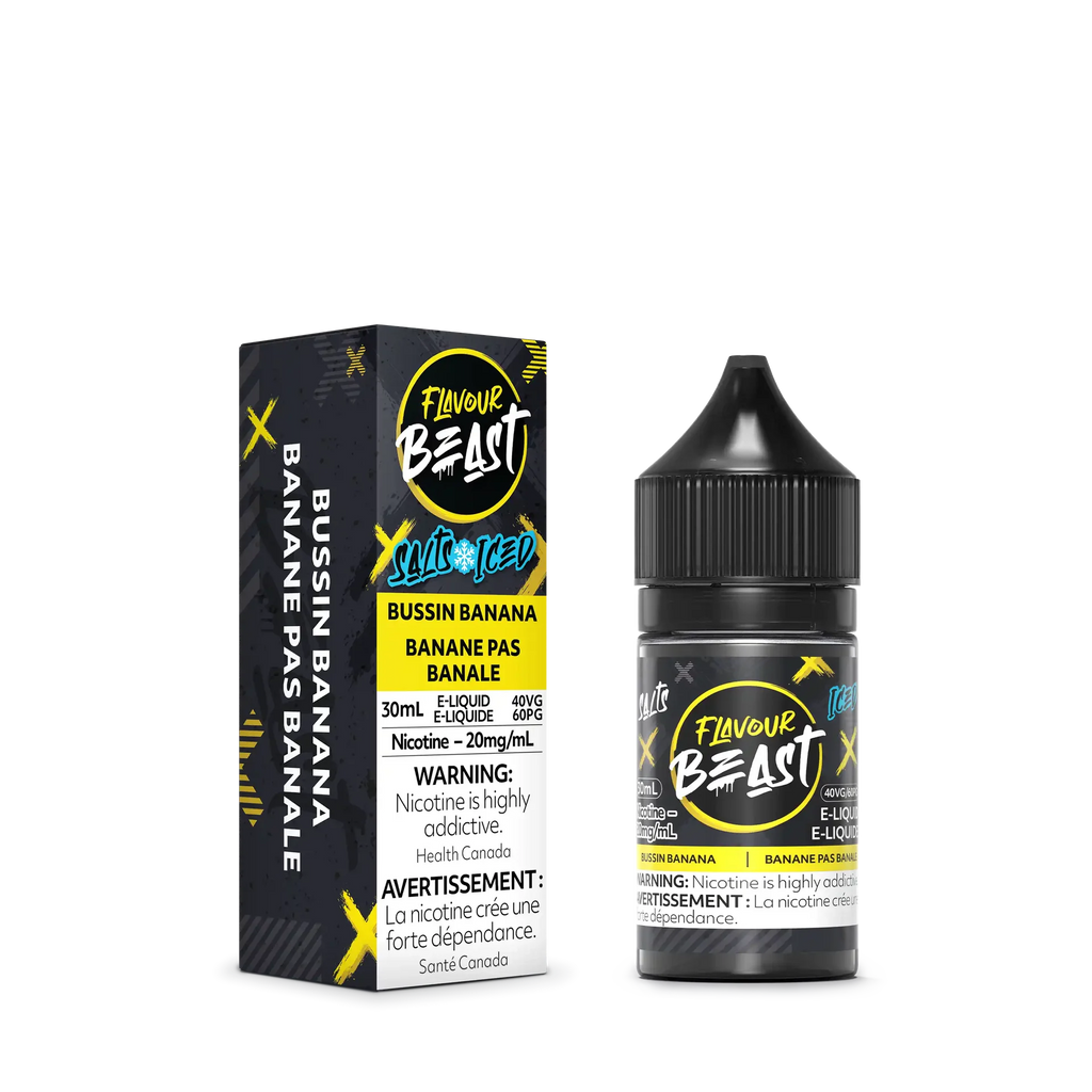 Flavour Beast Salt Bussin' Banana Iced e-liquid bottle and matching black and yellow box.