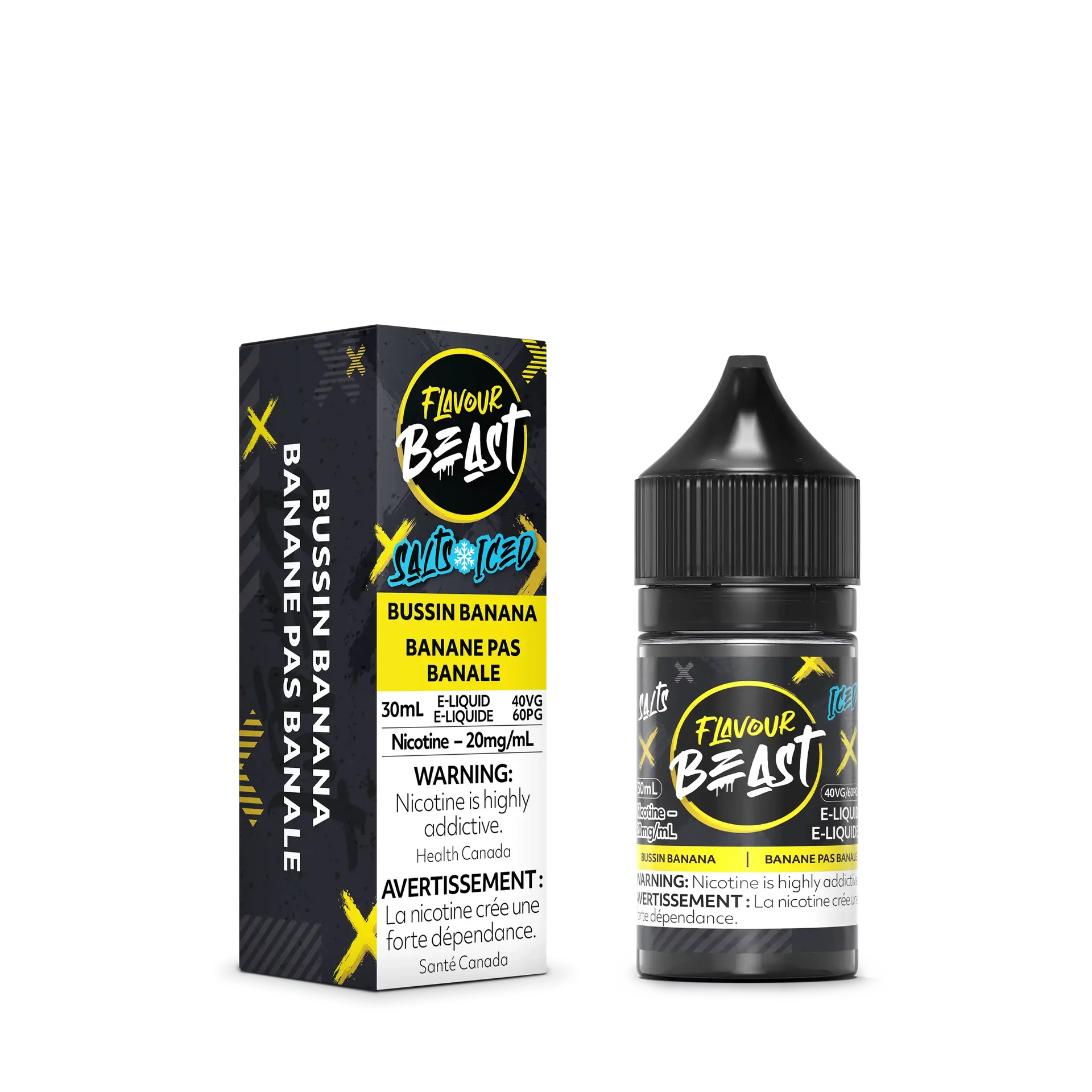 Flavour Beast Salt Bussin' Banana Iced e-liquid bottle and matching black and yellow box.