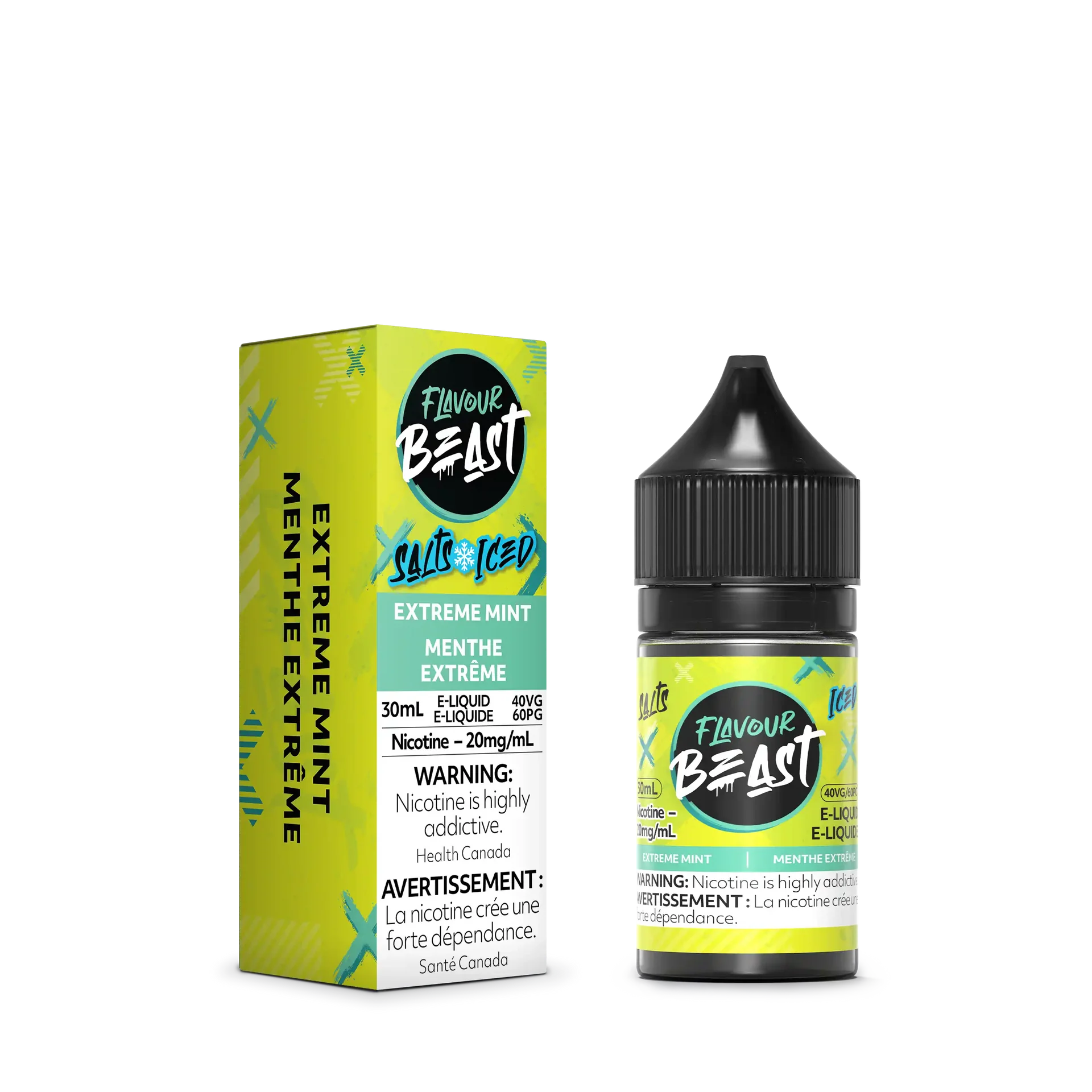Flavour Beast Salt Extreme Mint Iced 30mL e-liquid bottle and matching green box.