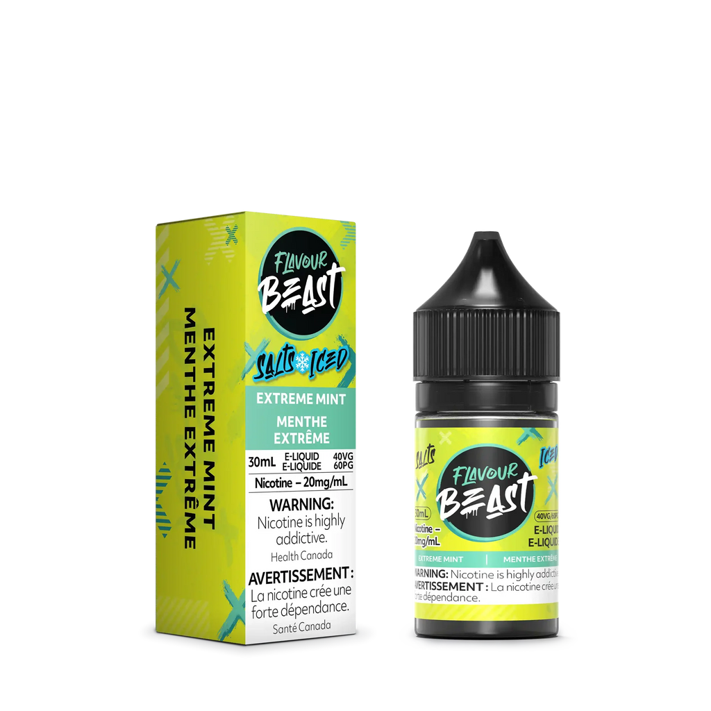 Flavour Beast Salt Extreme Mint Iced 30mL e-liquid bottle and matching green box.