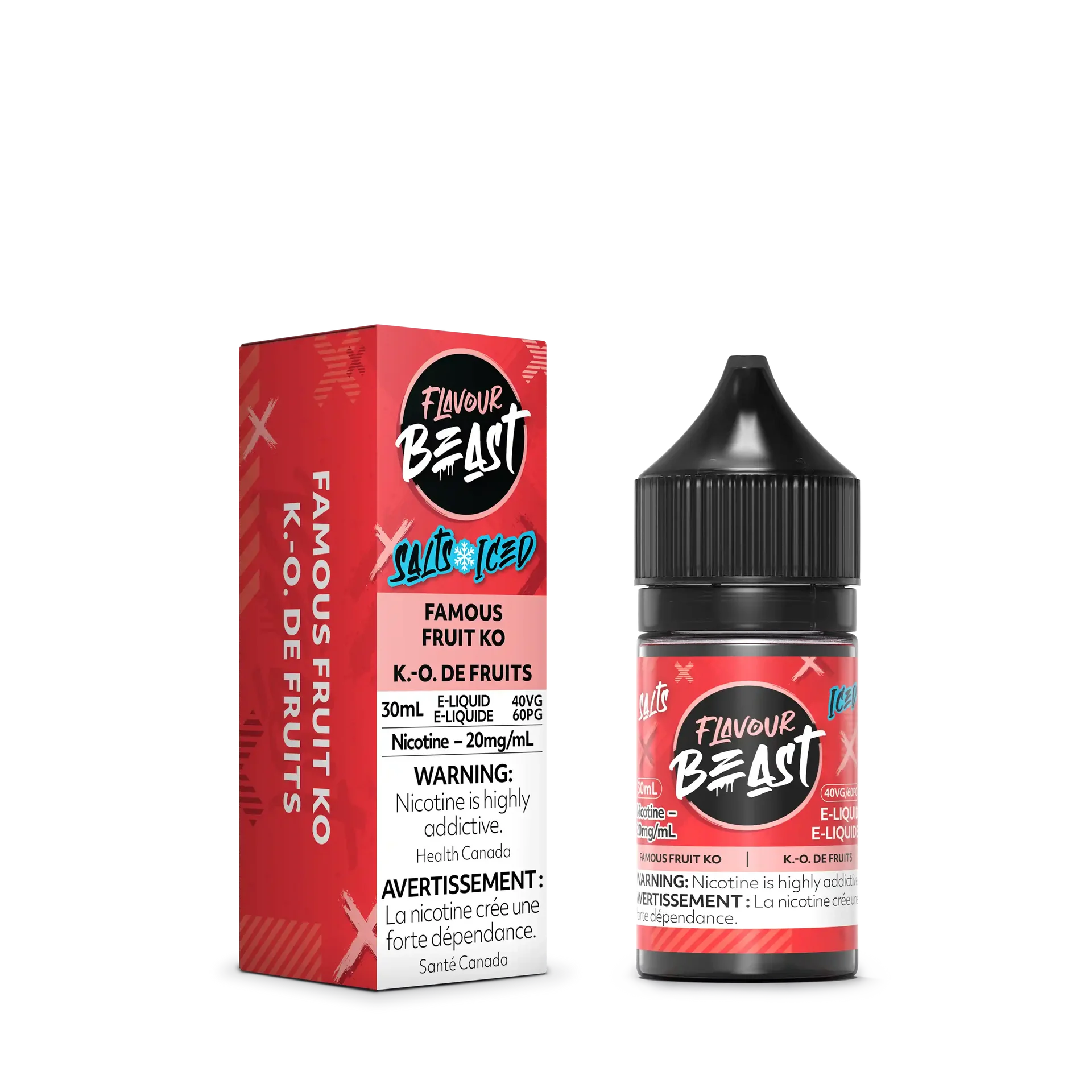 Flavour Beast Salt Famous Fruit KO Iced e-liquid: red box and black bottle, 30mL, 20mg/mL nicotine.