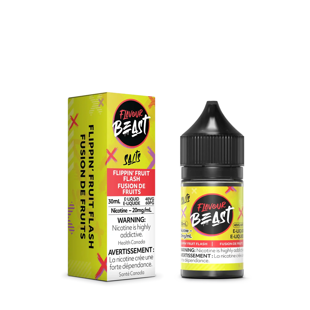 Flavour Beast Salt Flippin Fruit Flash 30mL e-liquid bottle and matching yellow, pink, and white box.