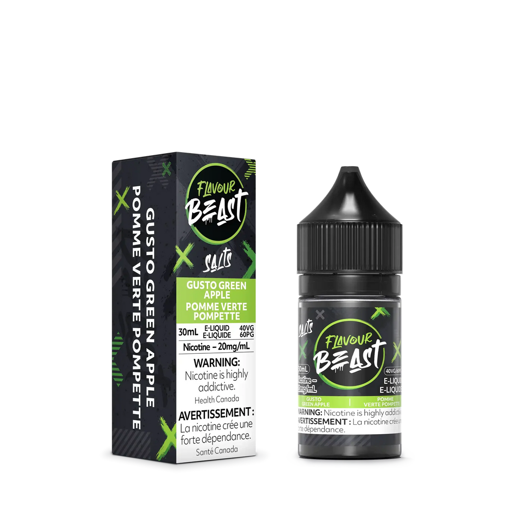Flavour Beast Salt Gusto Green Apple e-liquid, 30mL bottle and matching green and black box.