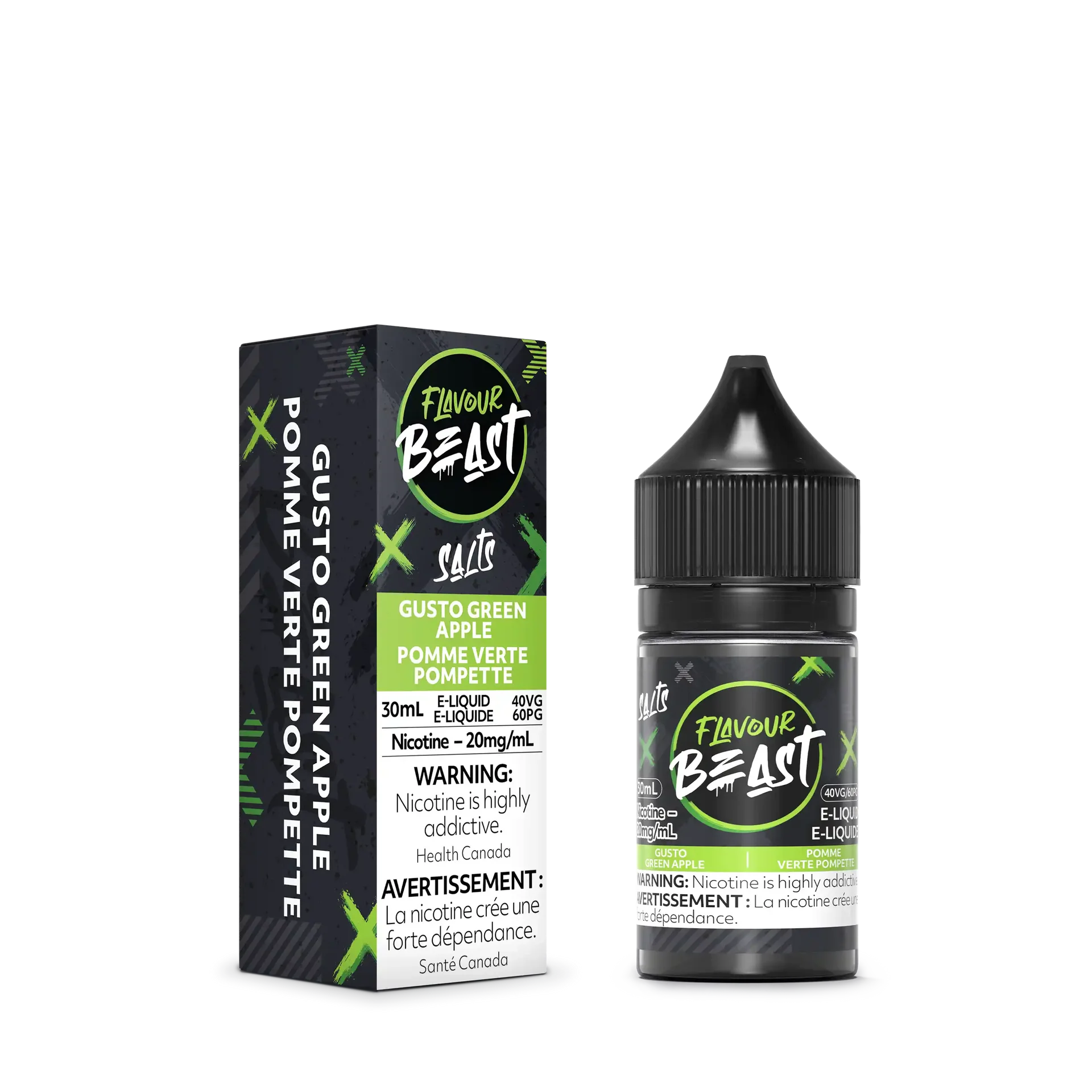 Flavour Beast Salt Gusto Green Apple e-liquid, 30mL bottle and matching green and black box.