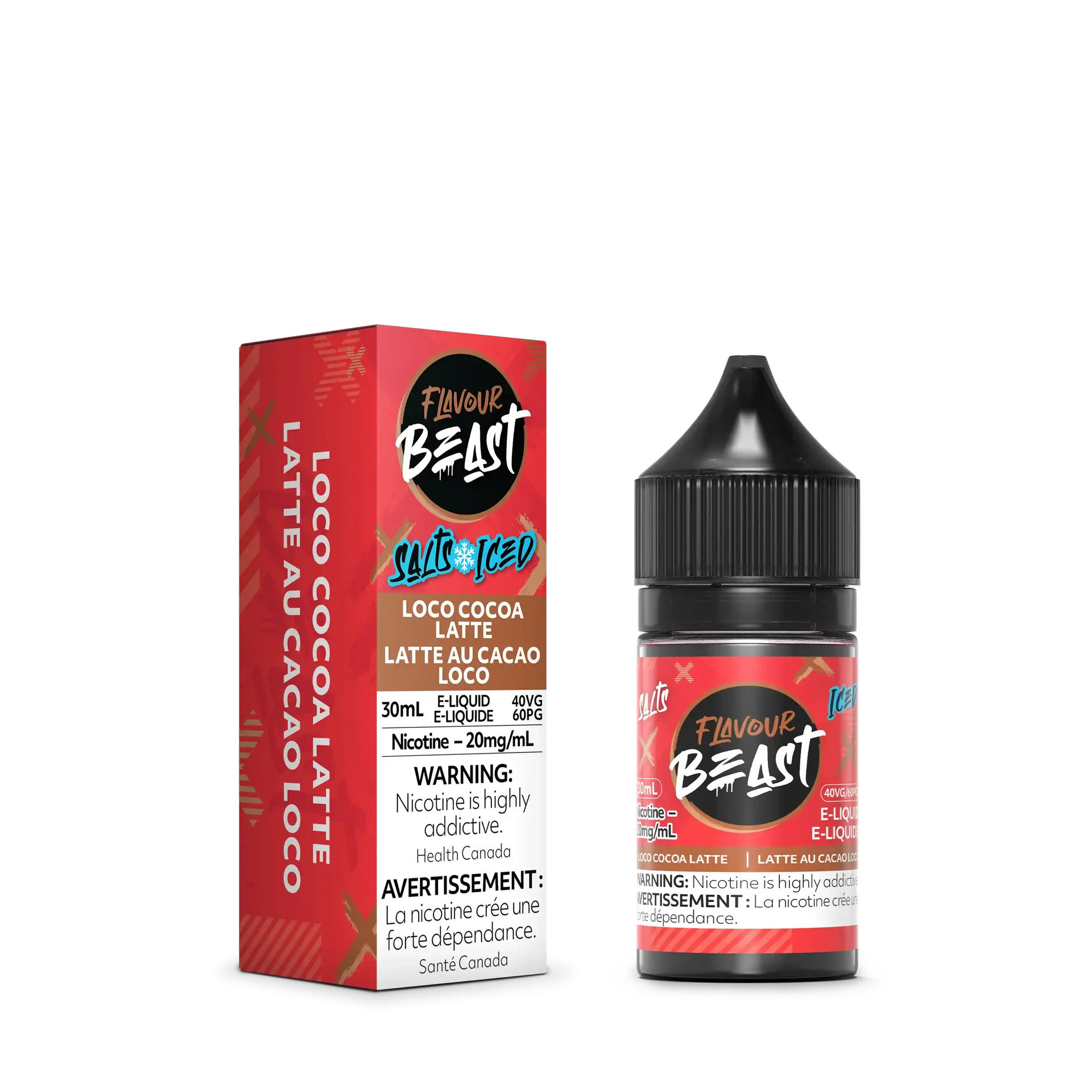 Flavour Beast Salt Loco Cocoa Latte Iced e-liquid bottle and red box with white and black text.