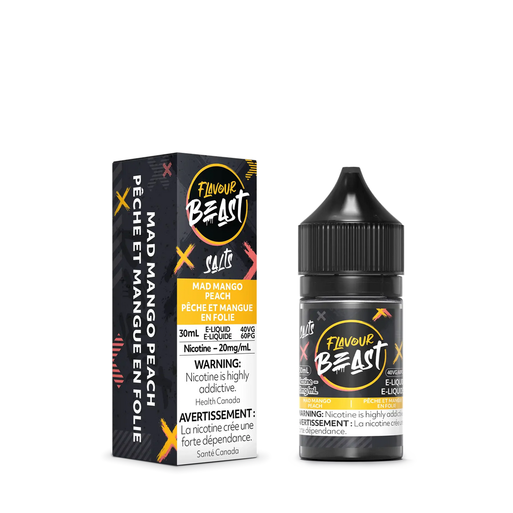 Flavour Beast Salt Mad Mango Peach e-liquid bottle and box, black with yellow and orange accents.