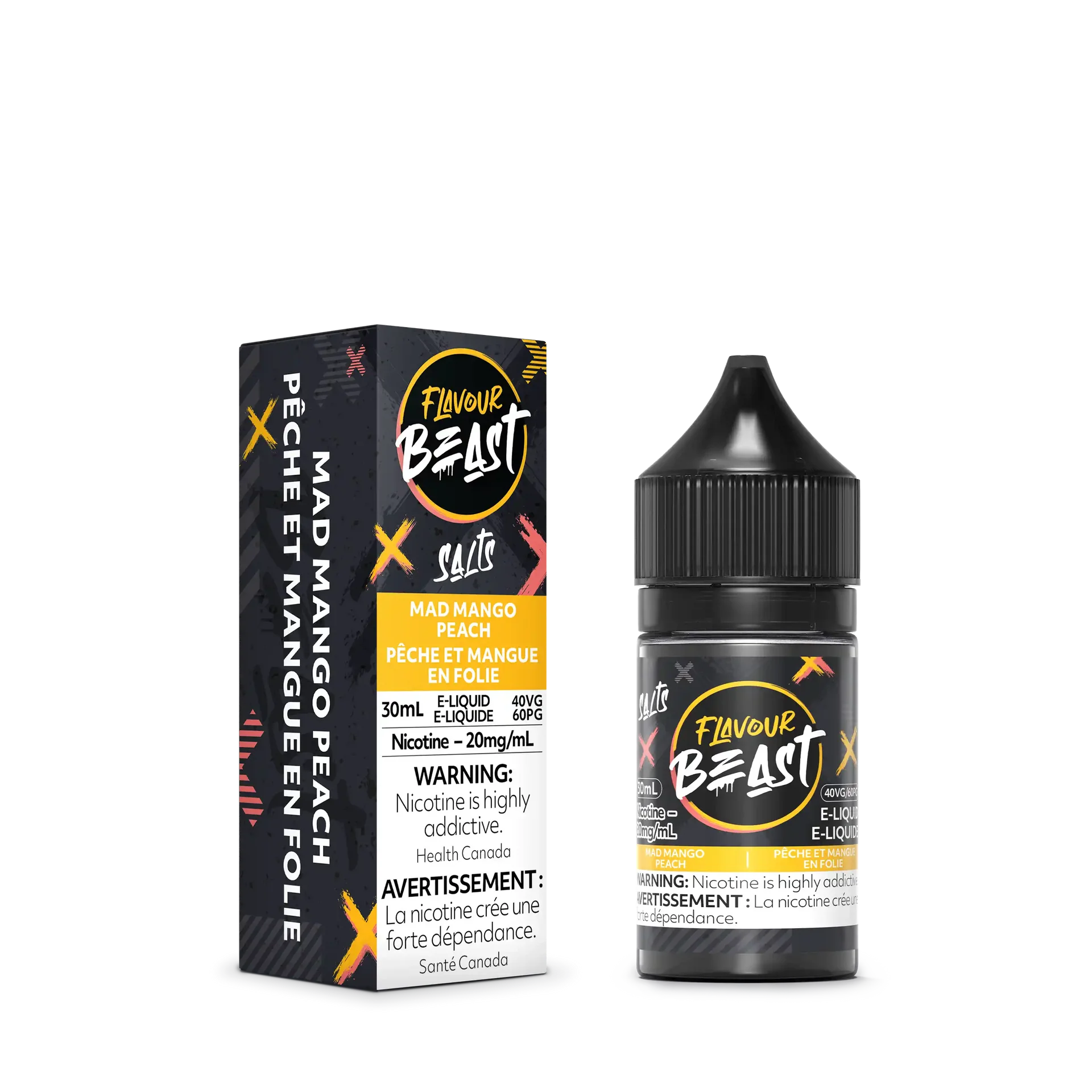 Flavour Beast Salt Mad Mango Peach e-liquid bottle and box, black with yellow and orange accents.