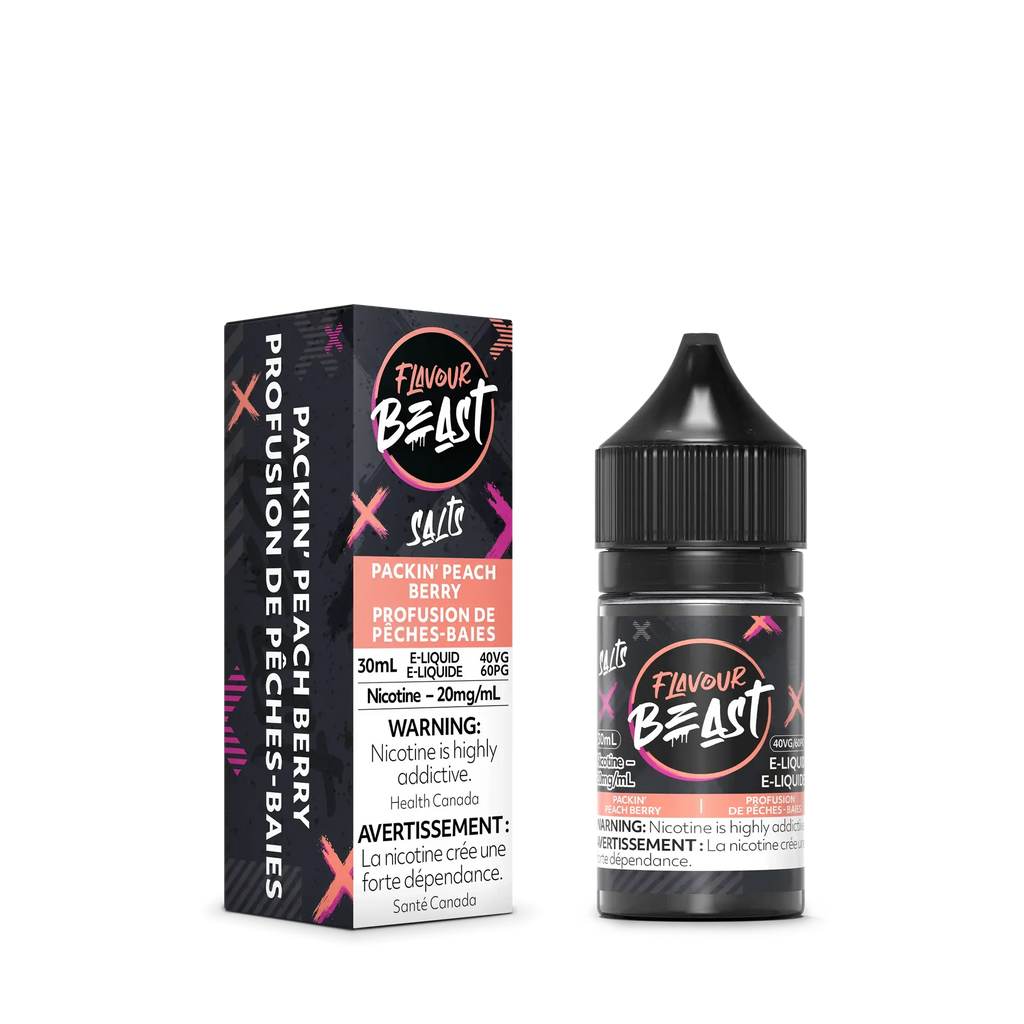 Flavour Beast Salt Packin Peach Berry e-liquid bottle and its black, pink, and white packaging.