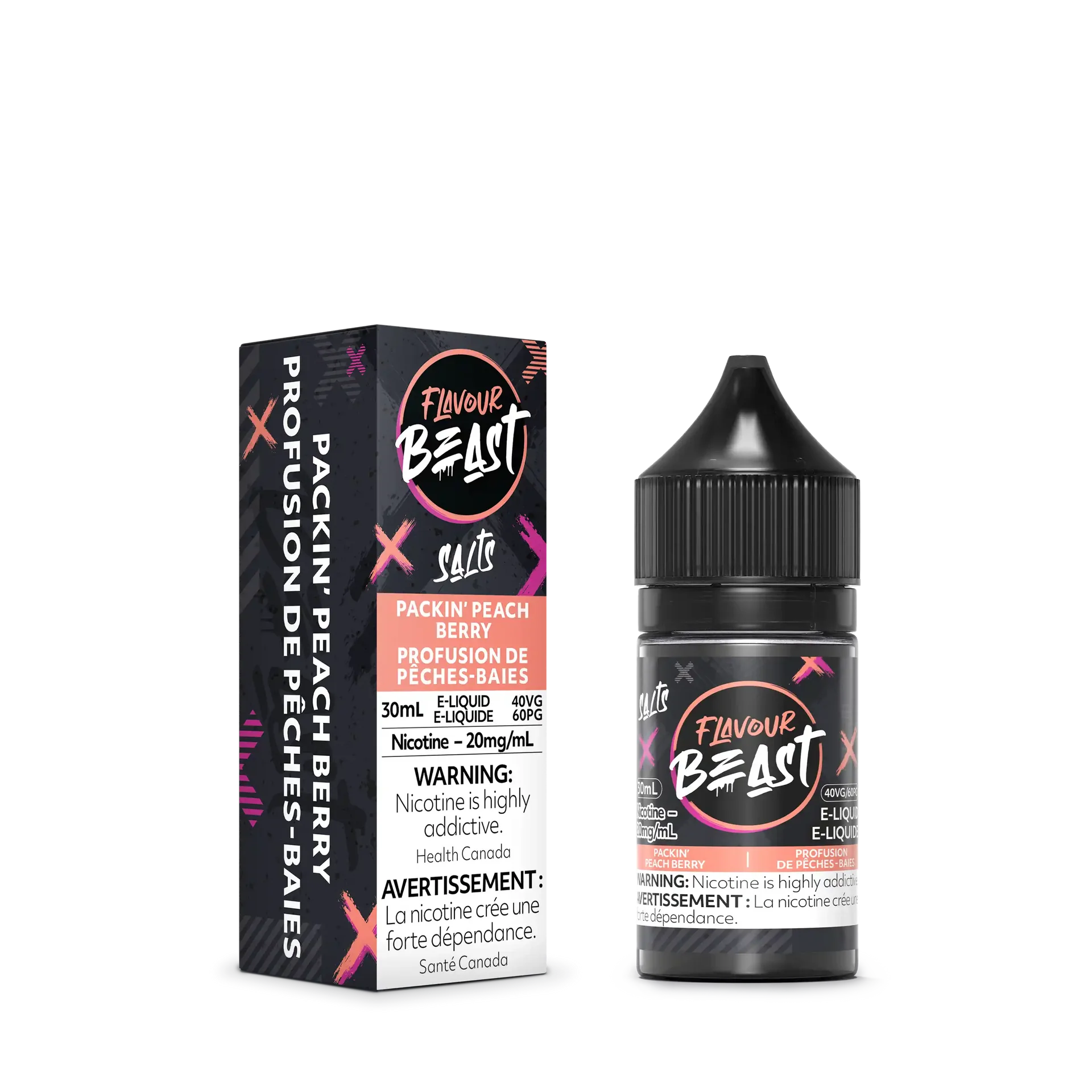 Flavour Beast Salt Packin Peach Berry e-liquid bottle and its black, pink, and white packaging.