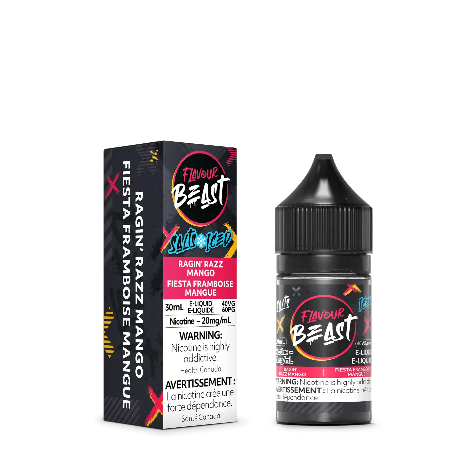 Flavour Beast Salt Ragin' Razz Mango Iced e-liquid bottle and box, black with vibrant pink and orange accents.