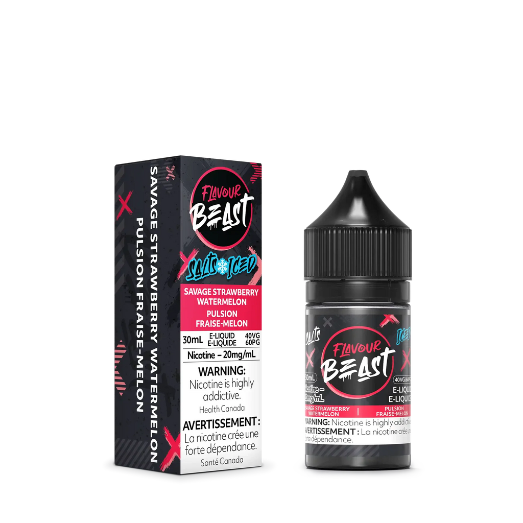 Flavour Beast Salt Savage Strawberry Watermelon Iced e-liquid bottle and box, black with pink and white accents.