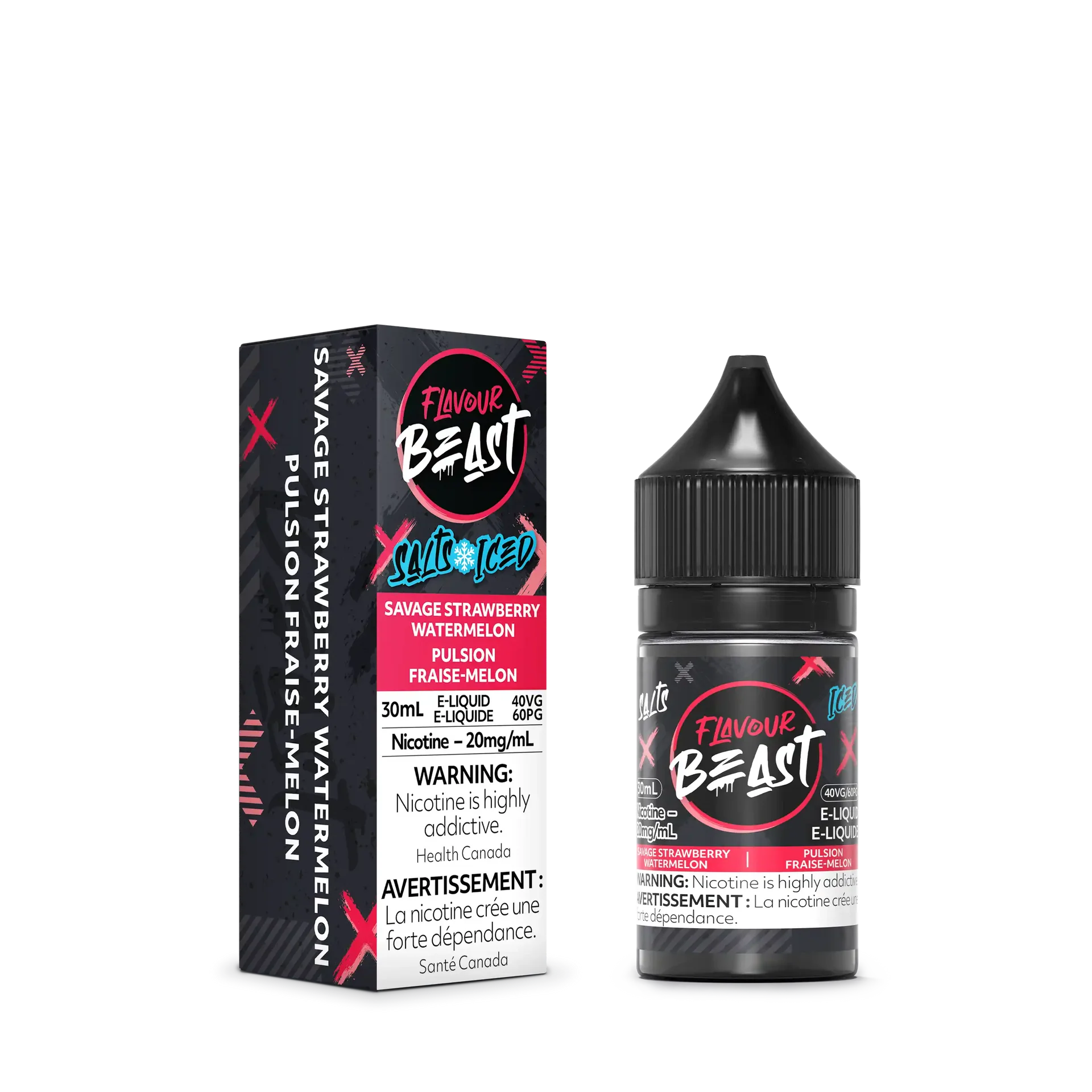 Flavour Beast Salt Savage Strawberry Watermelon Iced e-liquid bottle and box, black with pink and white accents.