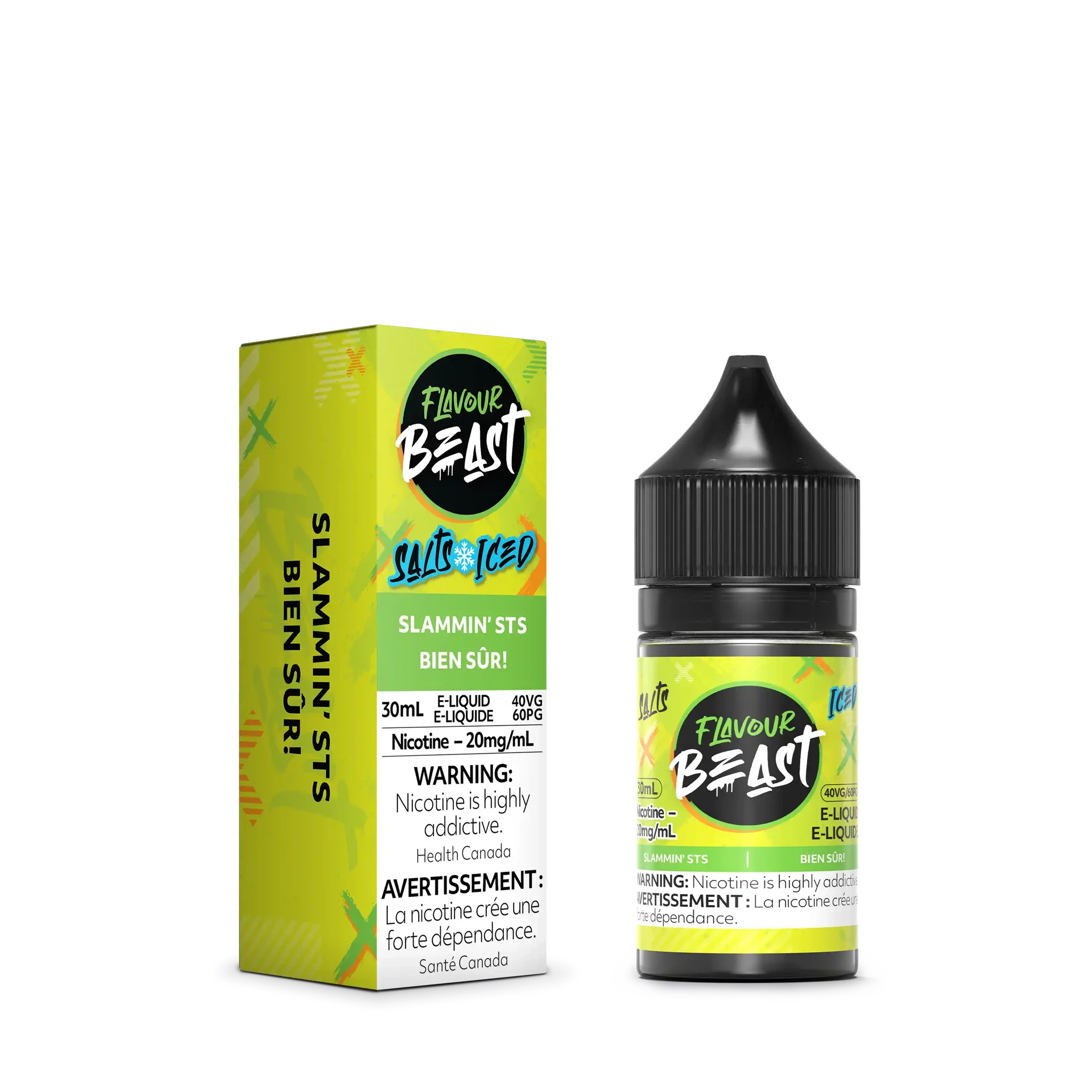 Flavour Beast Salt Slammin STS Iced e-liquid bottle and its vibrant green, yellow, and white packaging.