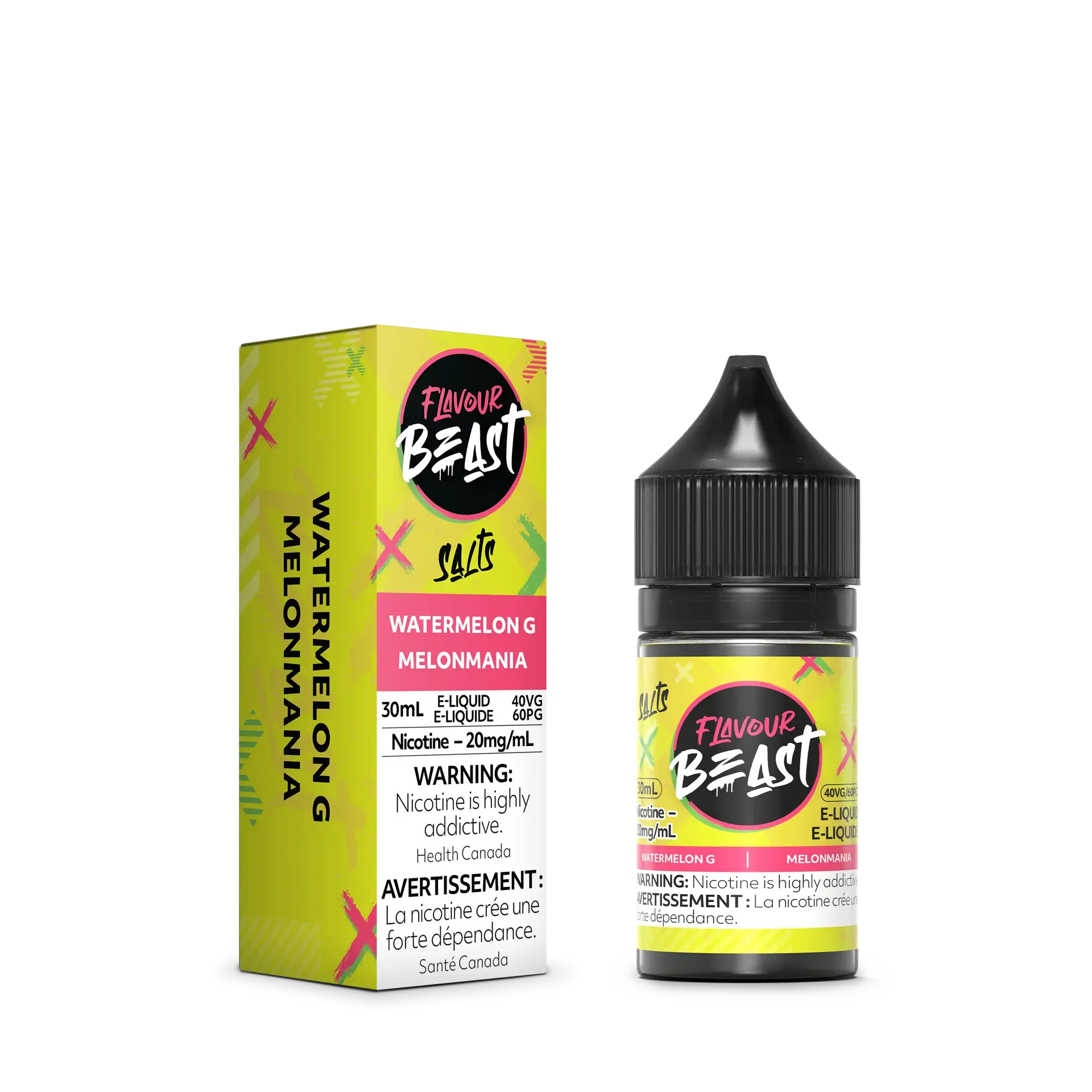 Flavour Beast Salt Watermelon G 30mL e-liquid bottle and matching green box with pink accents.