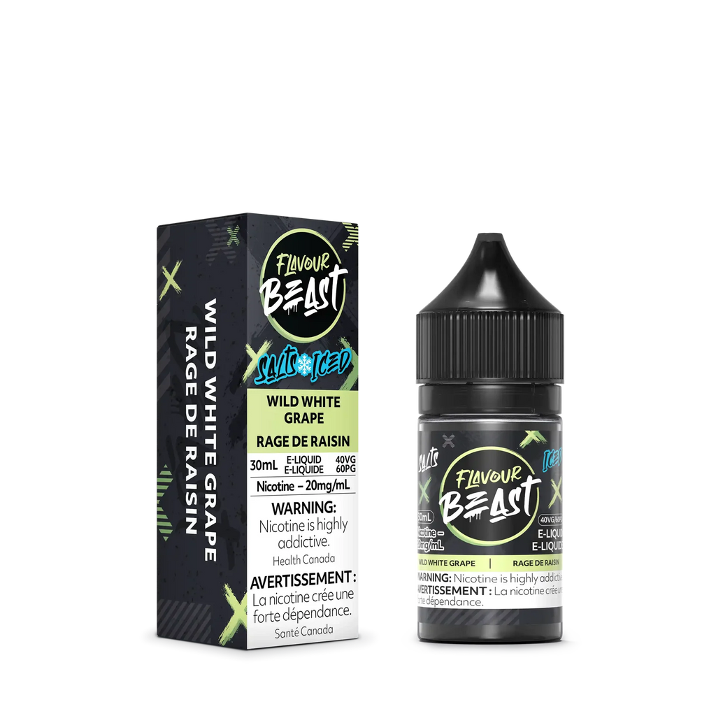 Flavour Beast Salt Wild White Grape Iced e-liquid bottle and box, black with green accents.