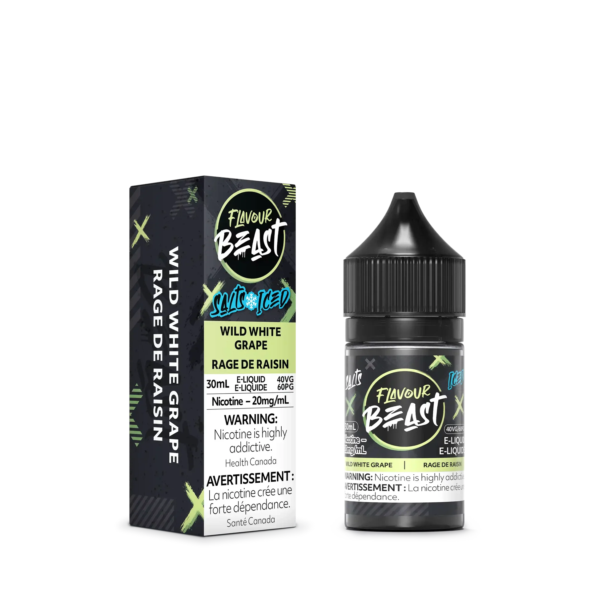 Flavour Beast Salt Wild White Grape Iced e-liquid bottle and box, black with green accents.