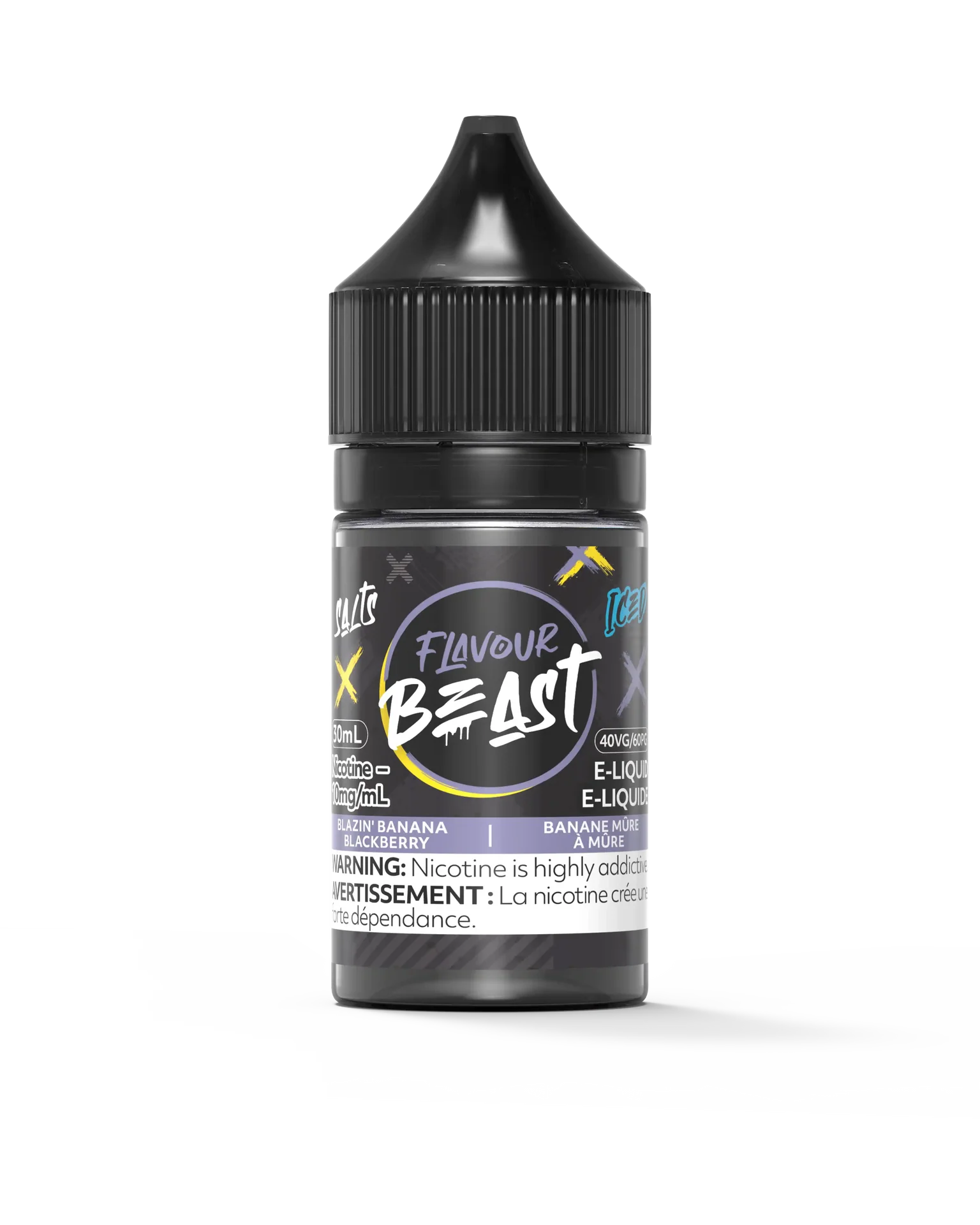 Flavour Beast Salt Blazin' Banana Blackberry Iced 30mL e-liquid bottle with black cap and purple label.