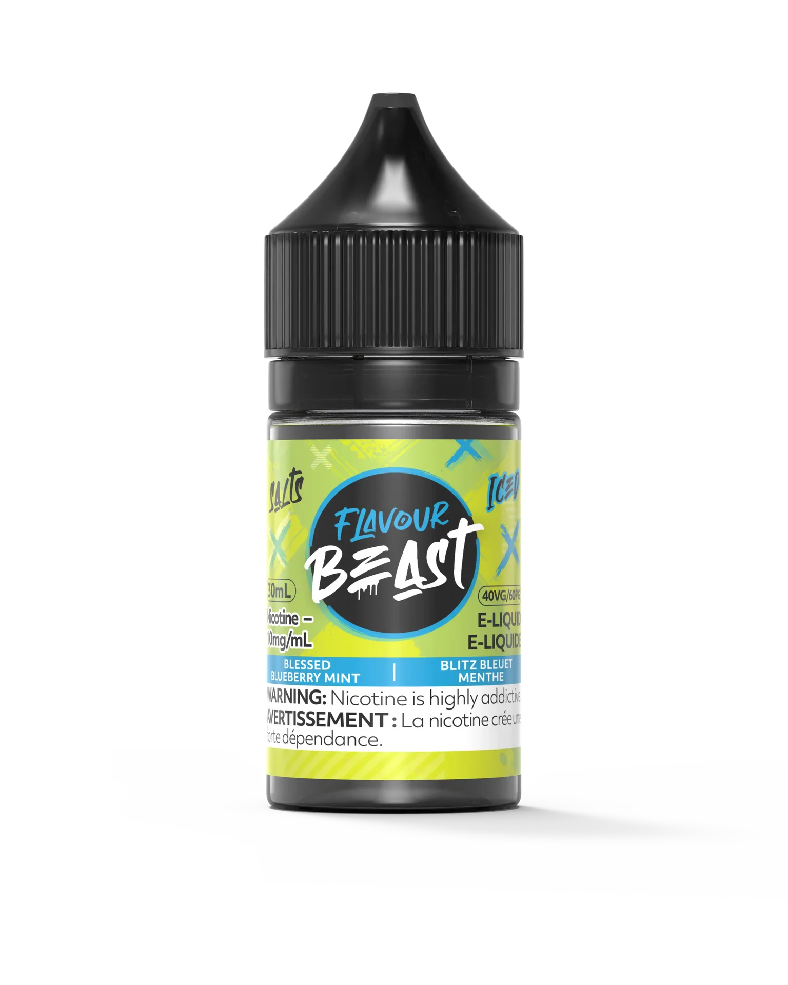 Flavour Beast Salt Blessed Blueberry Mint Iced 30mL e-liquid bottle with black cap and vibrant green label.
