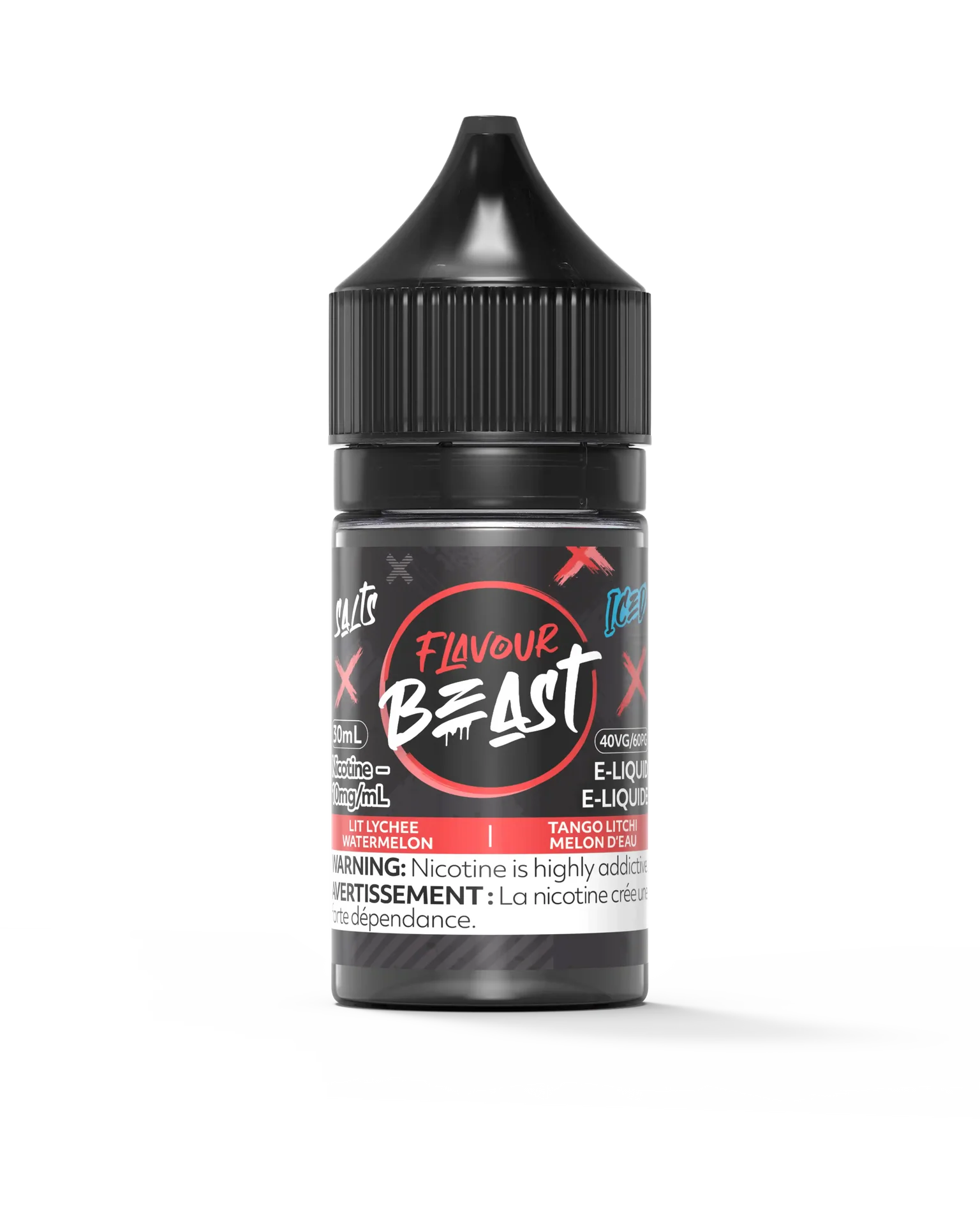 Flavour Beast Salt Lit Lychee Watermelon Iced 30mL e-liquid bottle with black cap and red label.