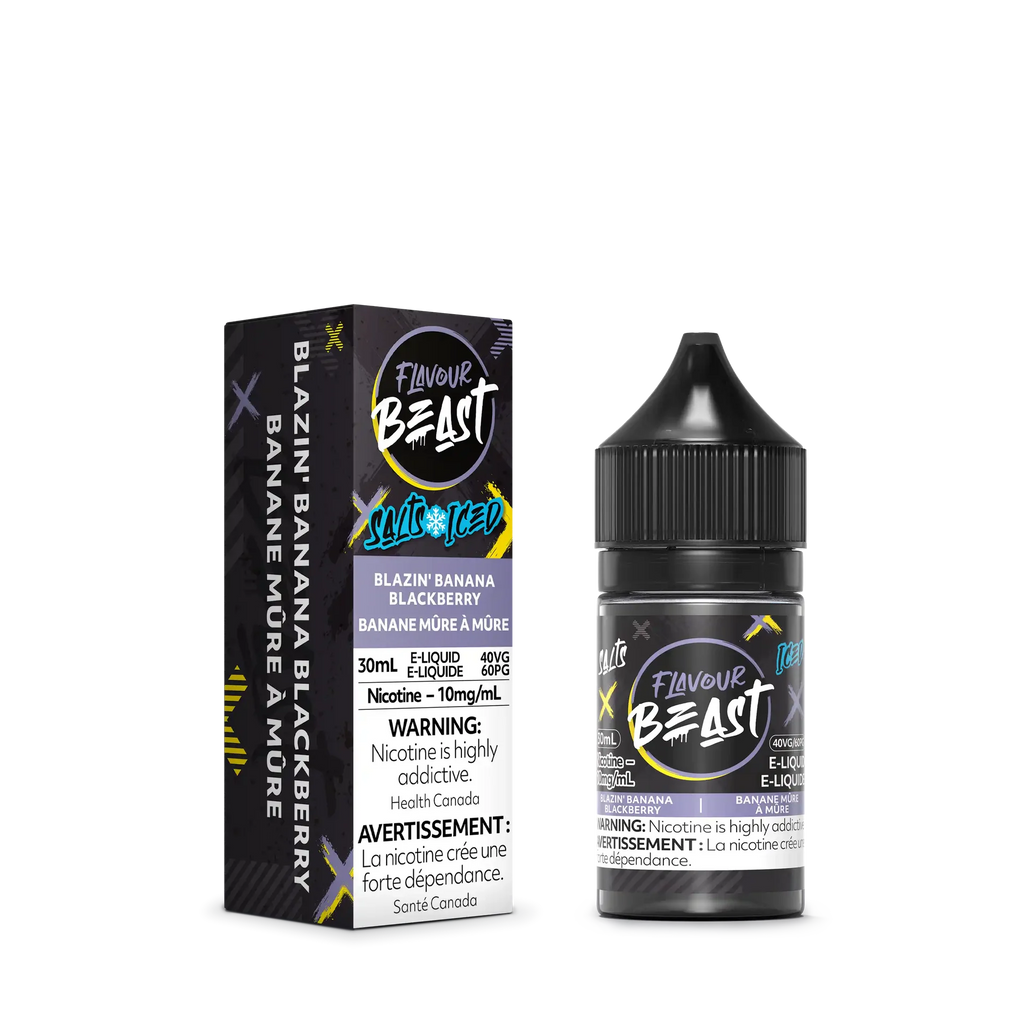 Flavour Beast Salt Blazin' Banana Blackberry Iced 30mL e-liquid bottle and matching black box.