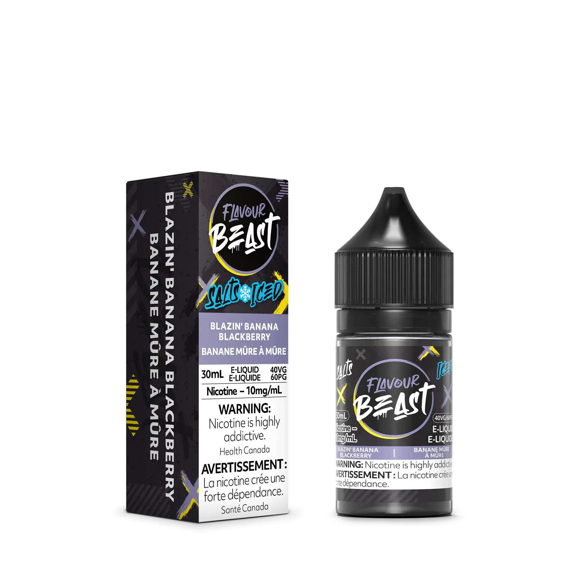 Flavour Beast Salt Blazin' Banana Blackberry Iced 30mL e-liquid bottle and matching black box.