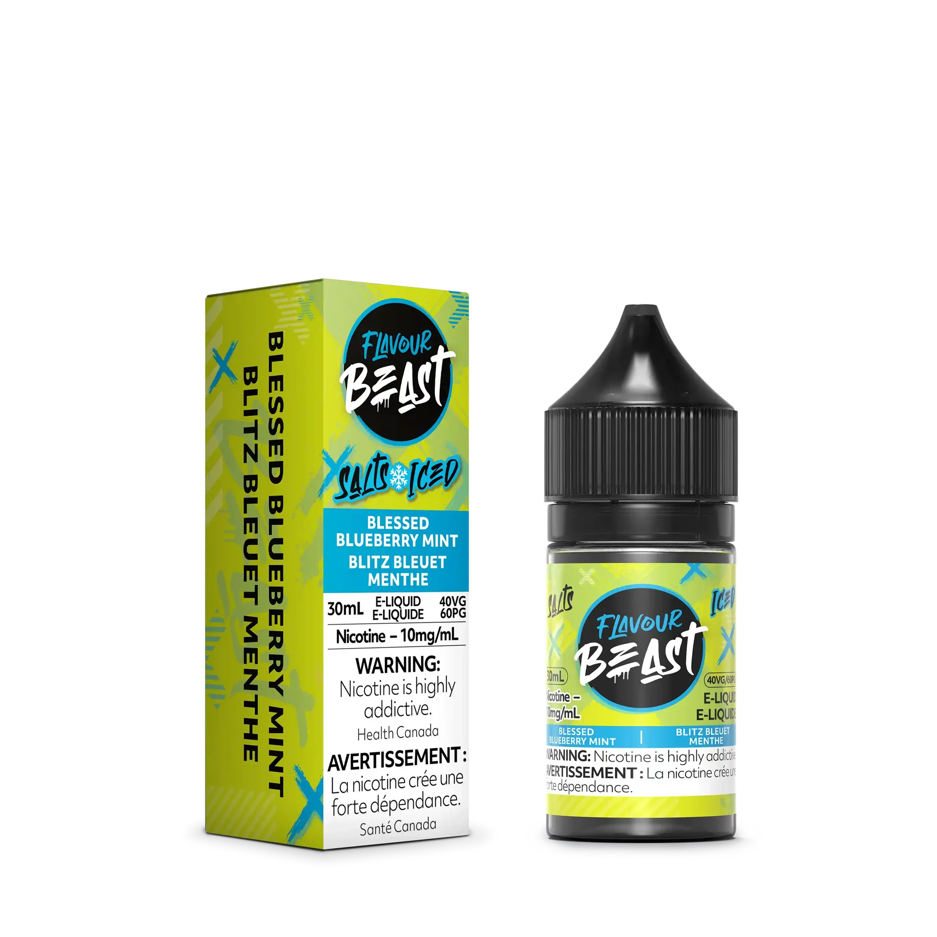 Flavour Beast Salt Blessed Blueberry Mint Iced e-liquid bottle and matching green, blue, and yellow box.