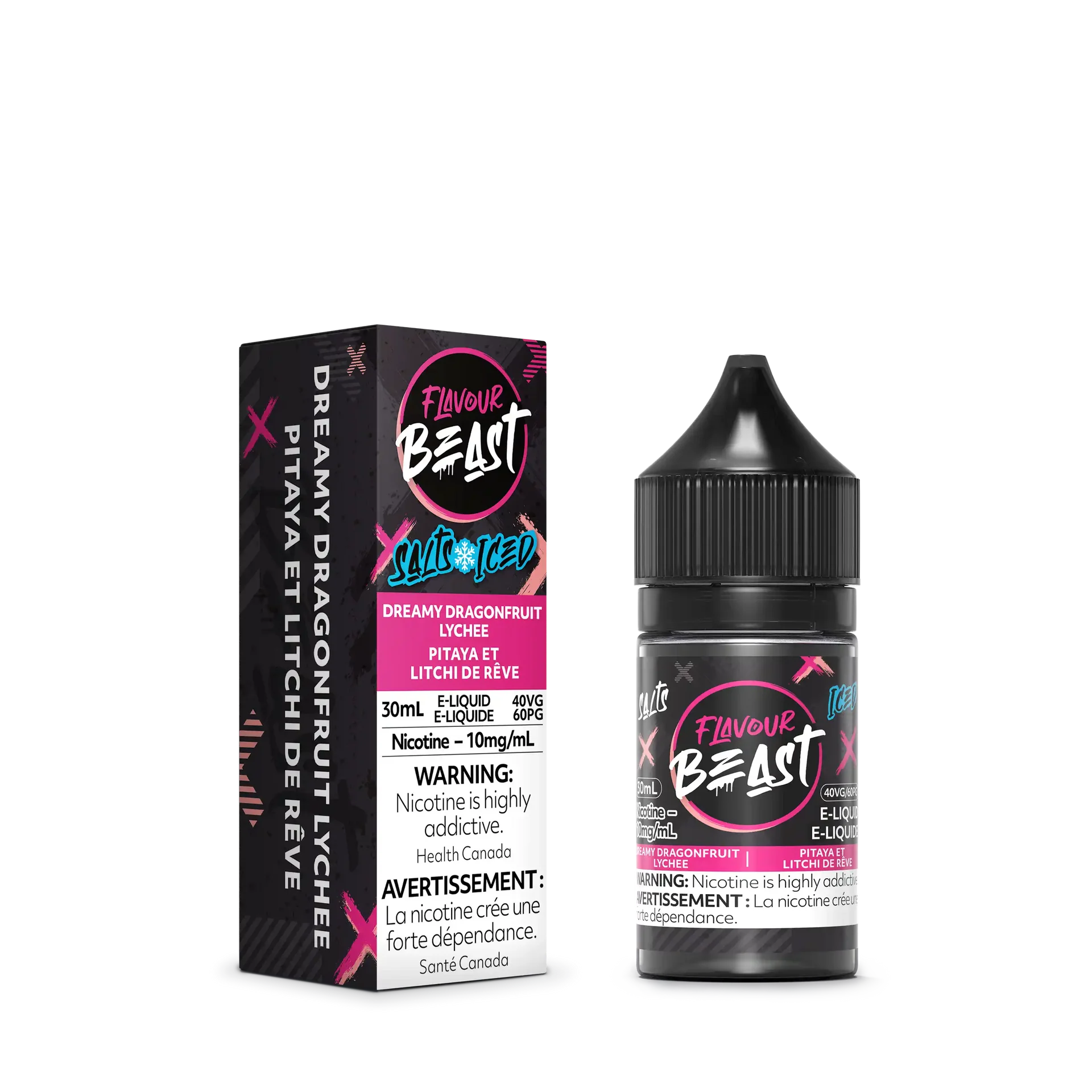 Flavour Beast Salt Dreamy Dragonfruit Lychee Iced 30mL e-liquid bottle and matching black, pink, and white box.