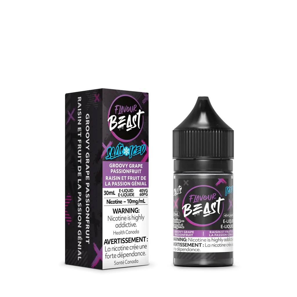 Flavour Beast Salt Groovy Grape Passionfruit Iced 30mL e-liquid bottle and matching purple box.