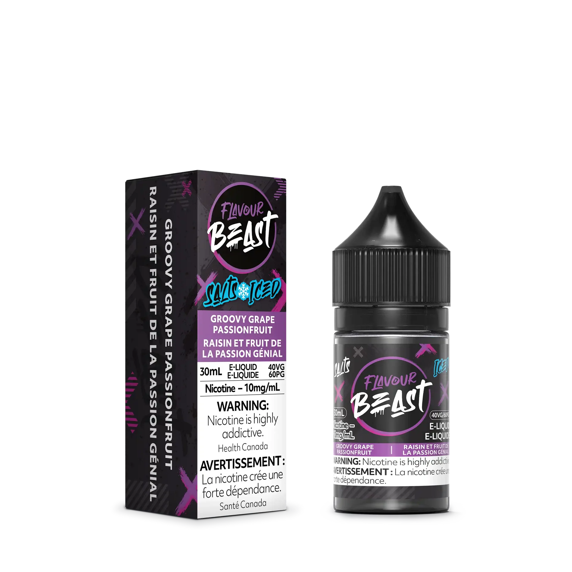 Flavour Beast Salt Groovy Grape Passionfruit Iced 30mL e-liquid bottle and matching purple box.