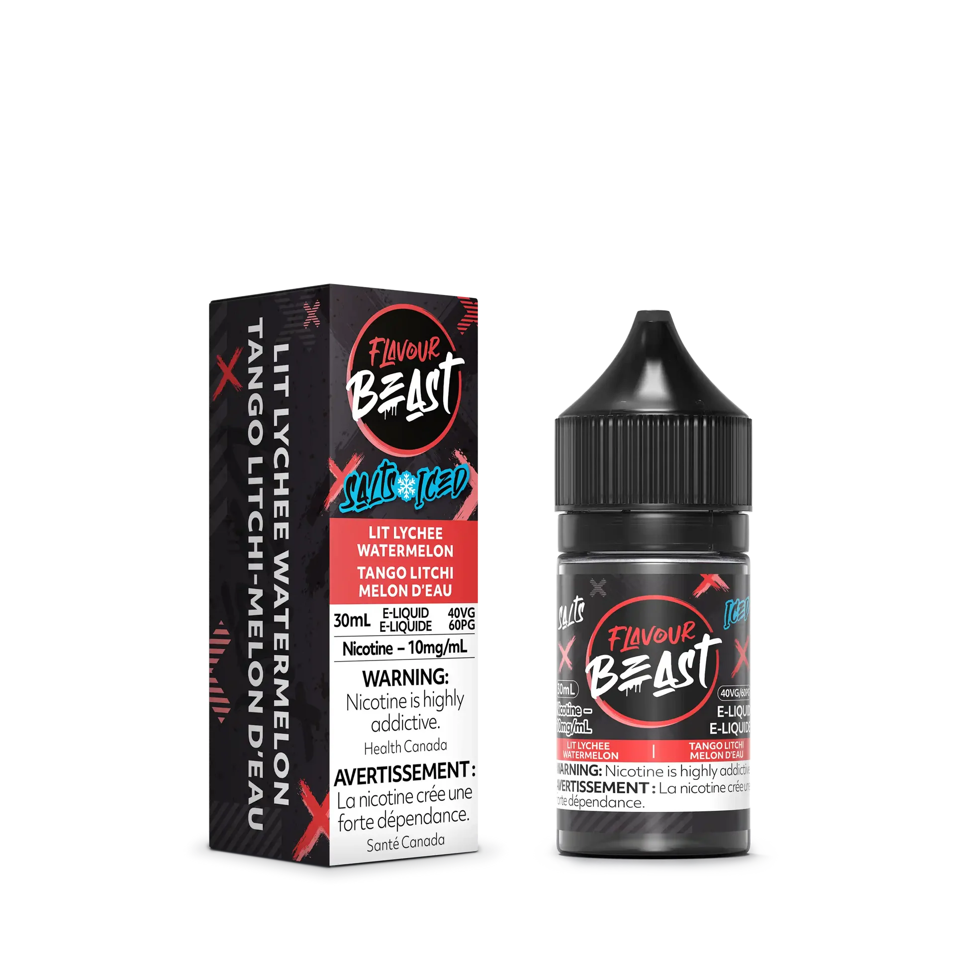 Flavour Beast Salt Lit Lychee Watermelon Iced 30mL e-liquid bottle and matching red and black box.